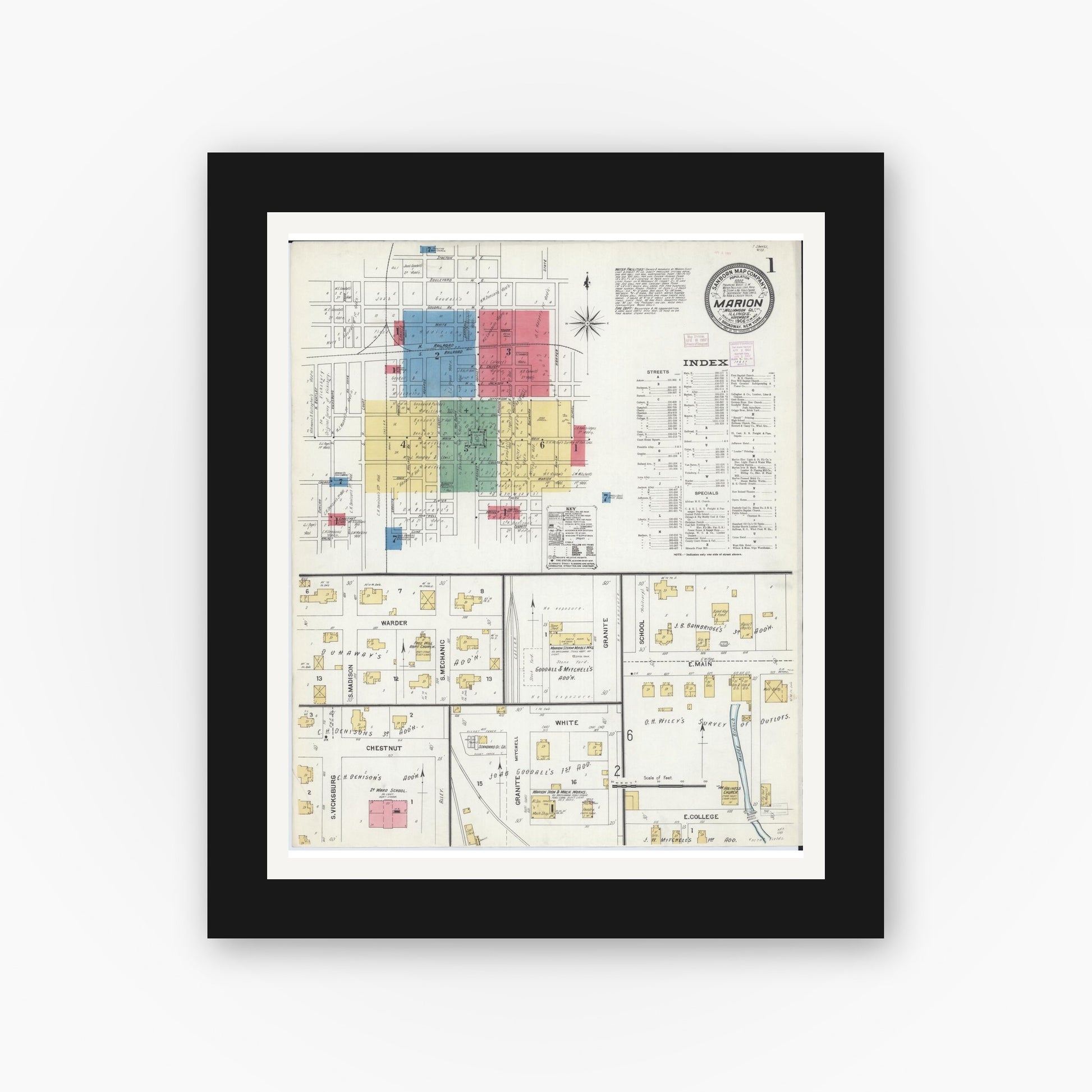 Old map wall art mockup — black gallery frame with white mat — Sanborn Fire Insurance Map from Marion, Williamson County, Illinois (1906) - Complete Map Set