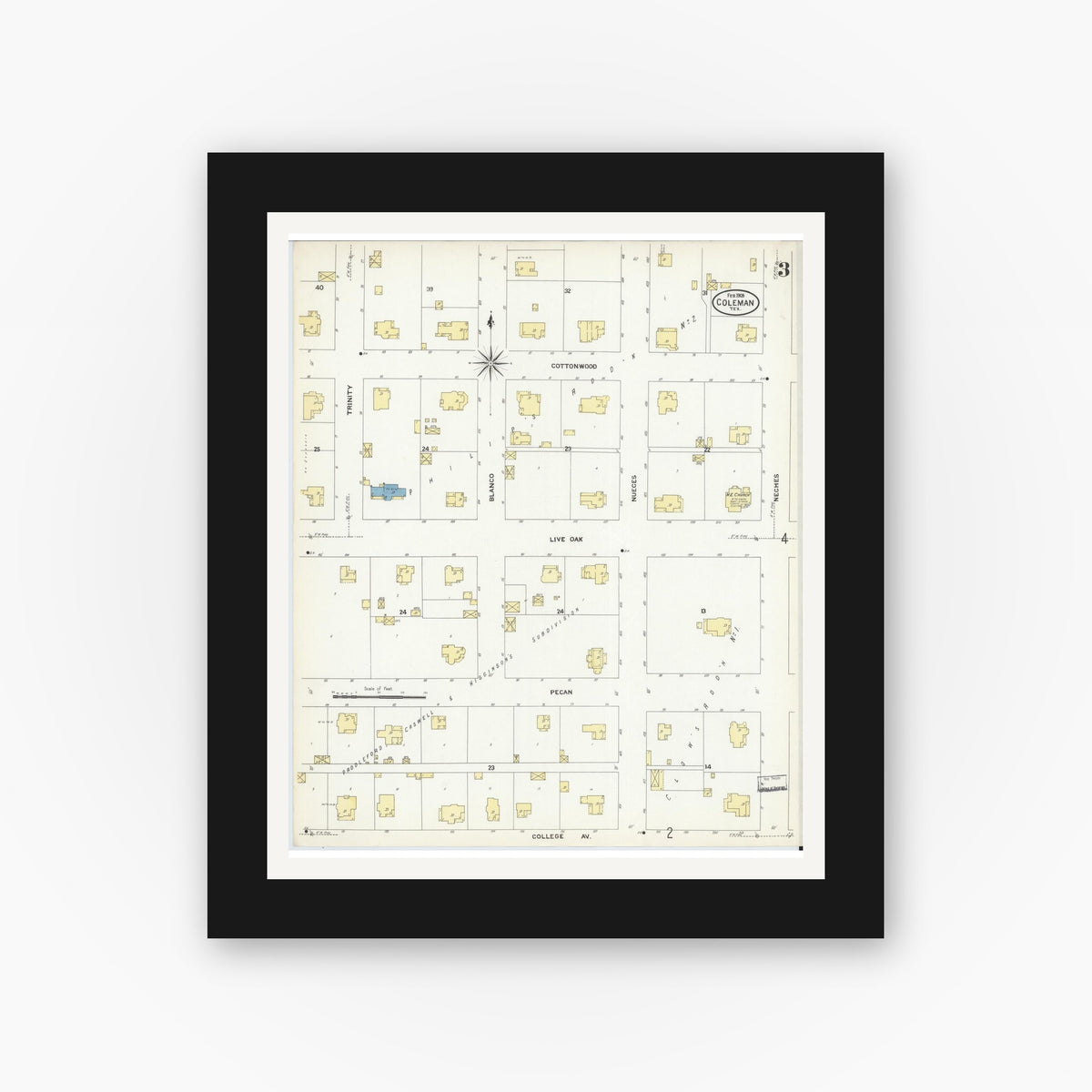 Old map wall art mockup — black gallery frame with white mat — Sanborn Fire Insurance Map from Coleman, Coleman County, Texas (1909), Sheet #0003