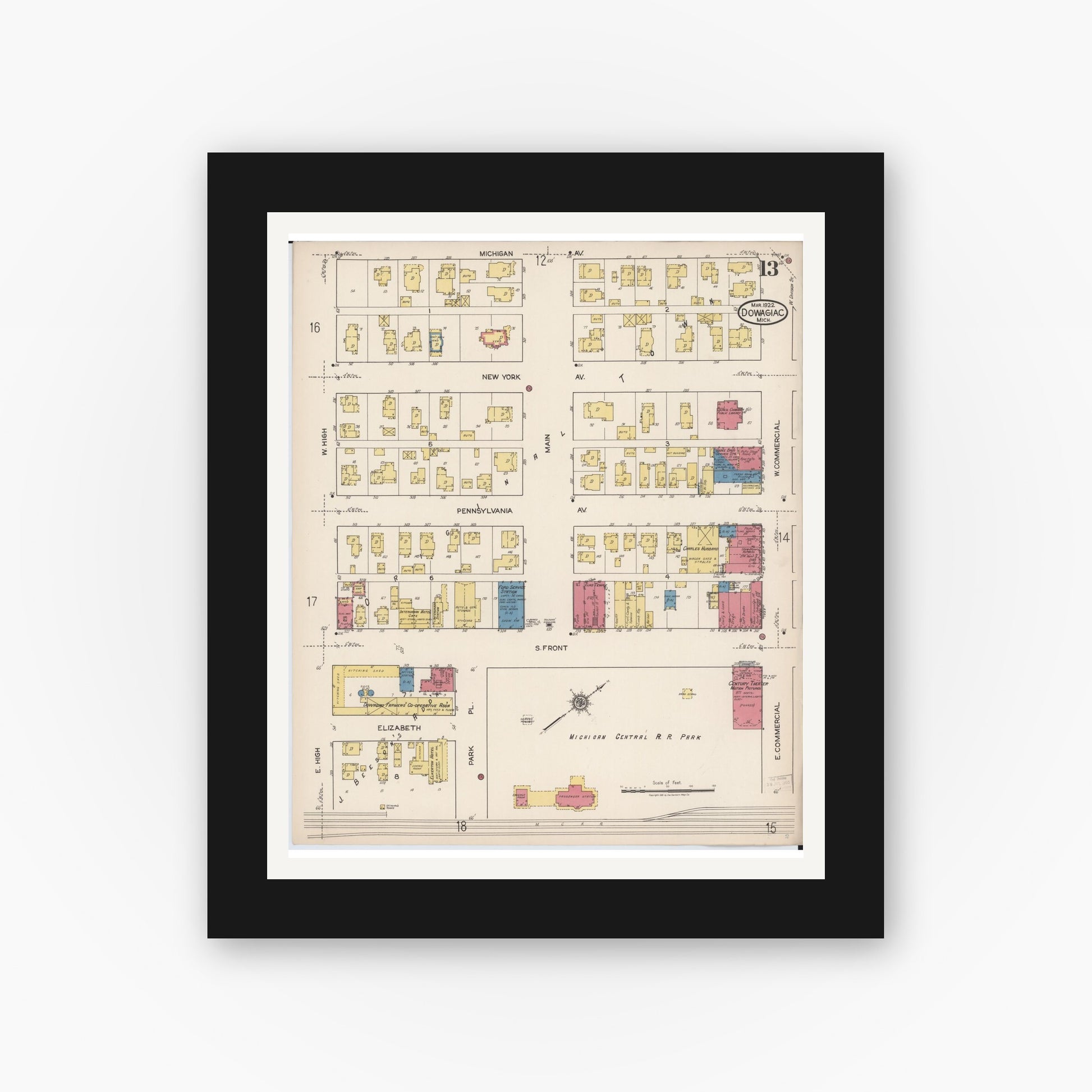 Old map wall art mockup — black gallery frame with white mat — Sanborn Fire Insurance Map from Dowagiac, Cass County, Michigan (1922), Sheet #0013