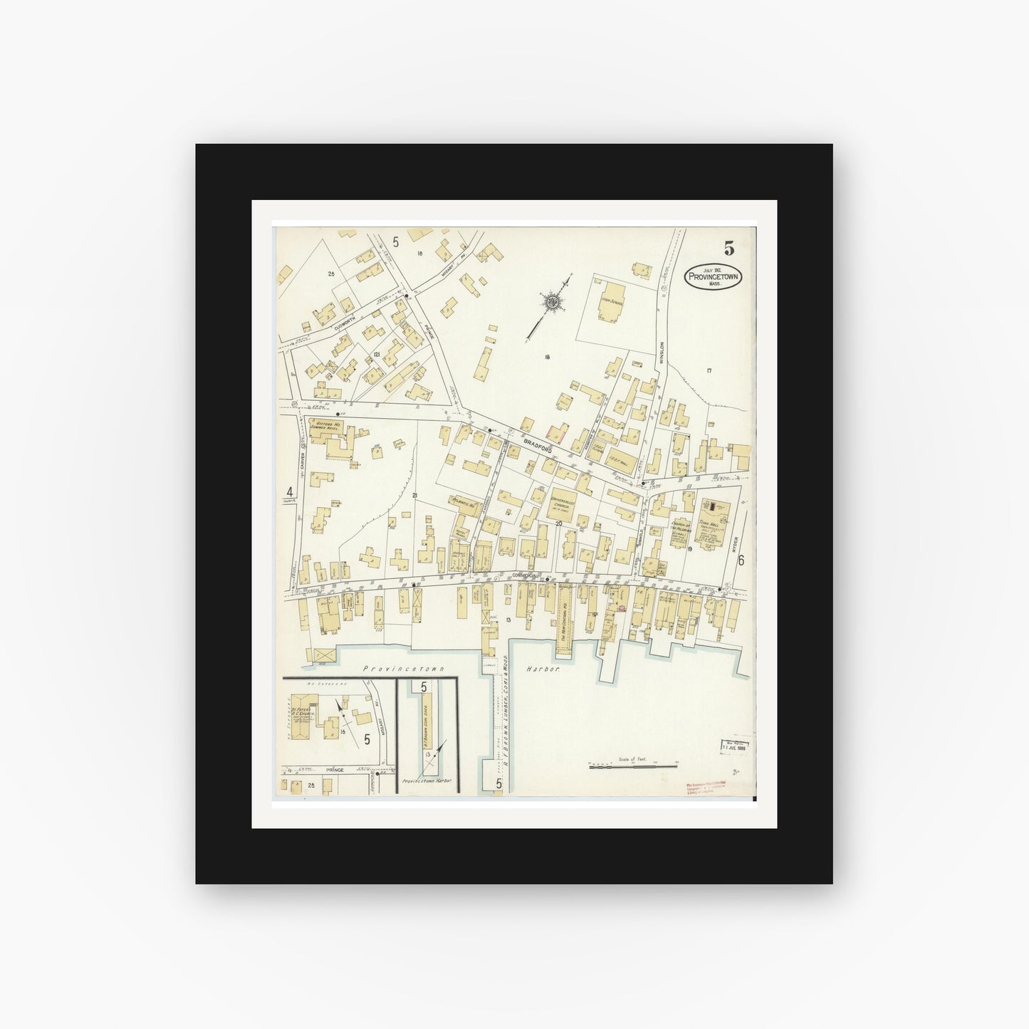 Old map wall art mockup — black gallery frame with white mat — Sanborn Fire Insurance Map from Provincetown, Barnstable County, Massachusetts (1912), Sheet #0005