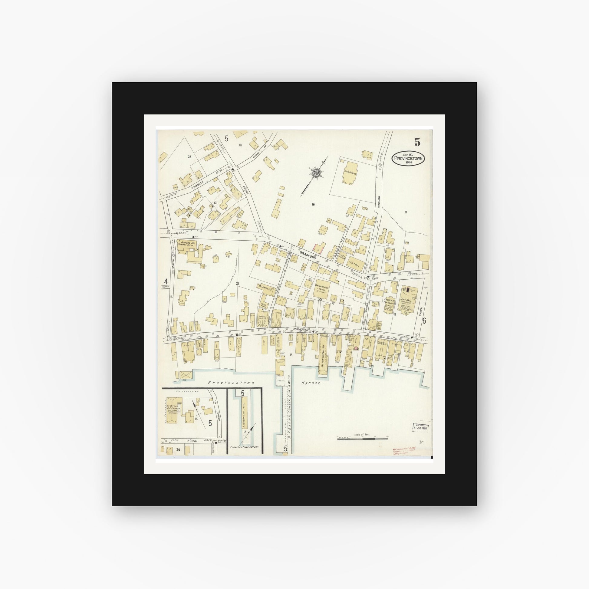 Old map wall art mockup — black gallery frame with white mat — Sanborn Fire Insurance Map from Provincetown, Barnstable County, Massachusetts (1912), Sheet #0005