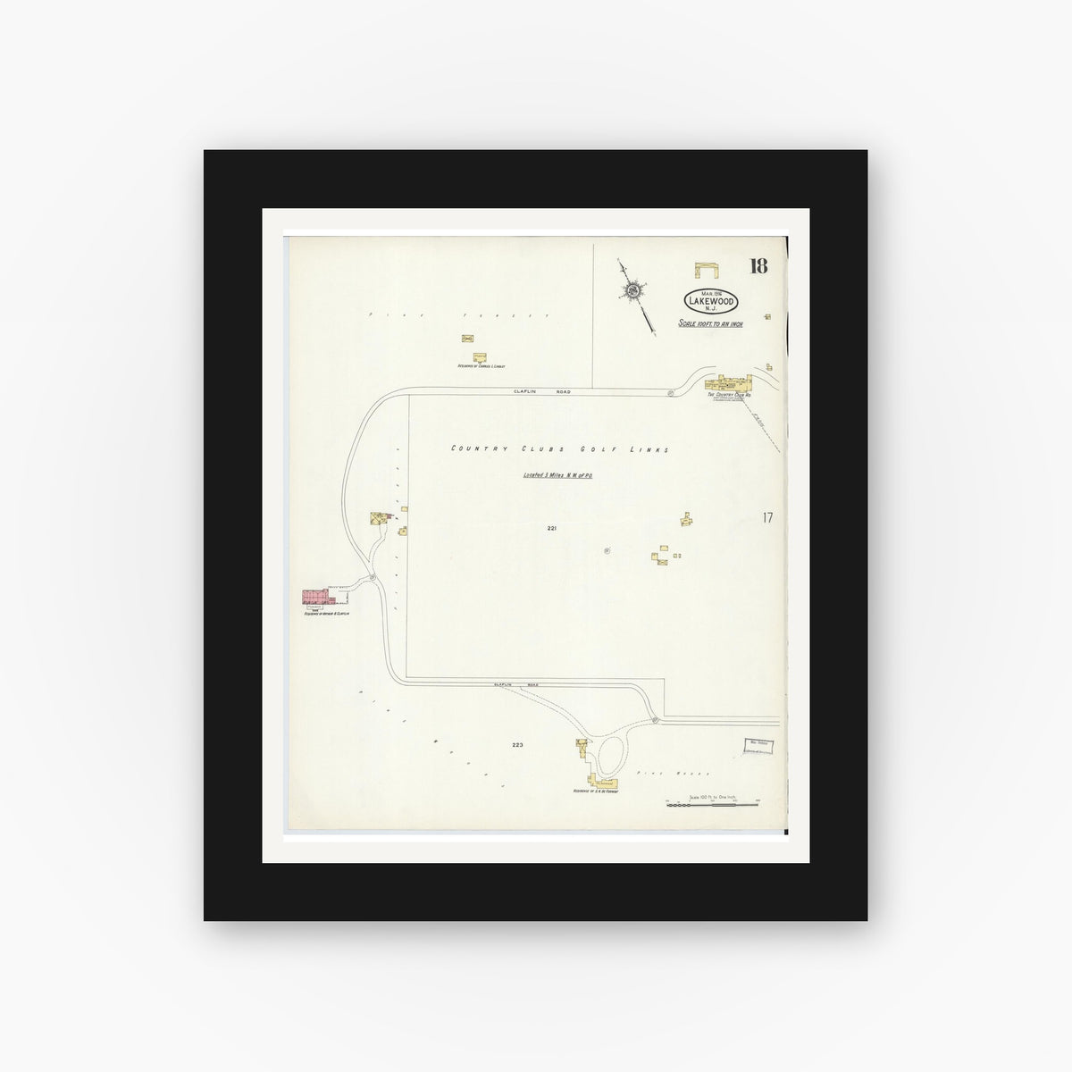 Old map wall art mockup — black gallery frame with white mat — Sanborn Fire Insurance Map from Lakewood, Ocean County, New Jersey (1916), Sheet #0018