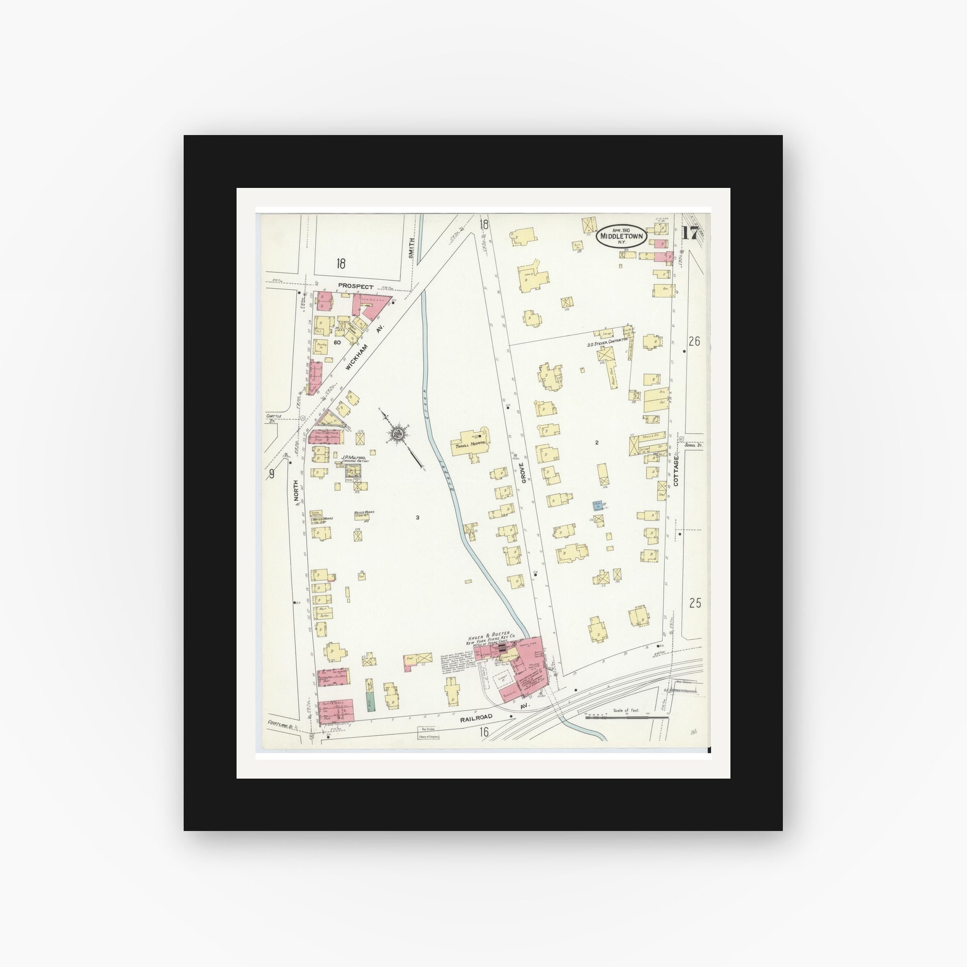 Old map wall art mockup — black gallery frame with white mat — Sanborn Fire Insurance Map from Middletown, Orange County, New York (1910), Sheet #0017