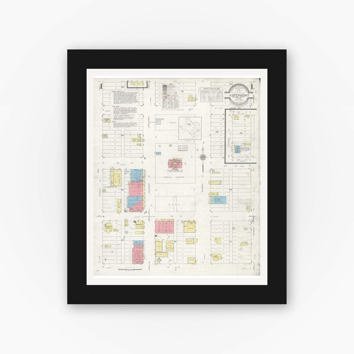 Old map wall art mockup — black gallery frame with white mat — Sanborn Fire Insurance Map from Aspermont, Stonewall County, Texas (1934) - Complete Map Set