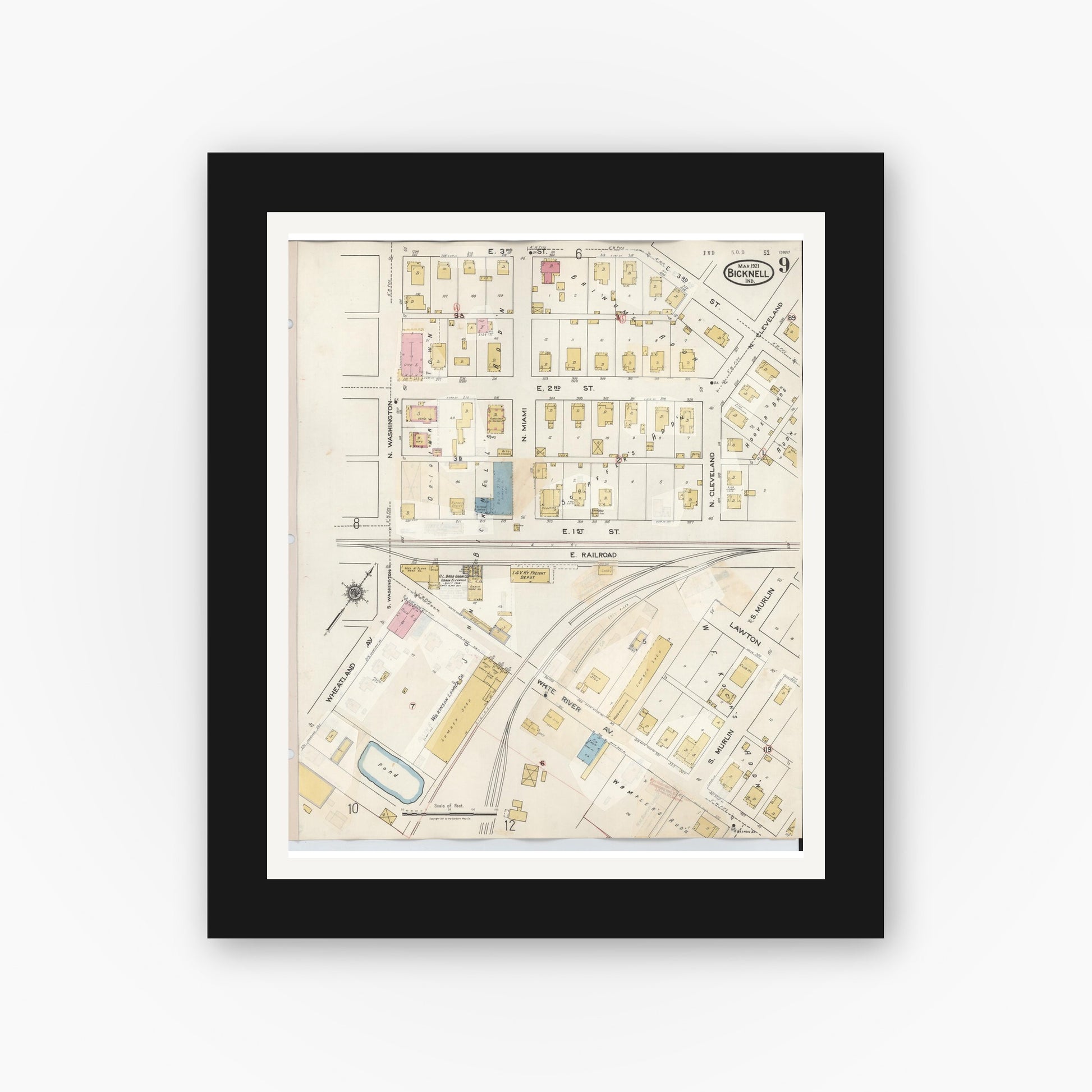 Old map wall art mockup — black gallery frame with white mat — Sanborn Fire Insurance Map from Bicknell, Knox County, Indiana (1946), Sheet #0009