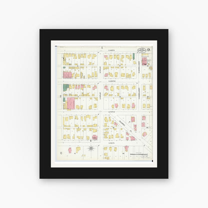 Old map wall art mockup — black gallery frame with white mat — Sanborn Fire Insurance Map from Fostoria, Seneca, Hancock, And Wood Counties, Ohio (1901), Sheet #0009