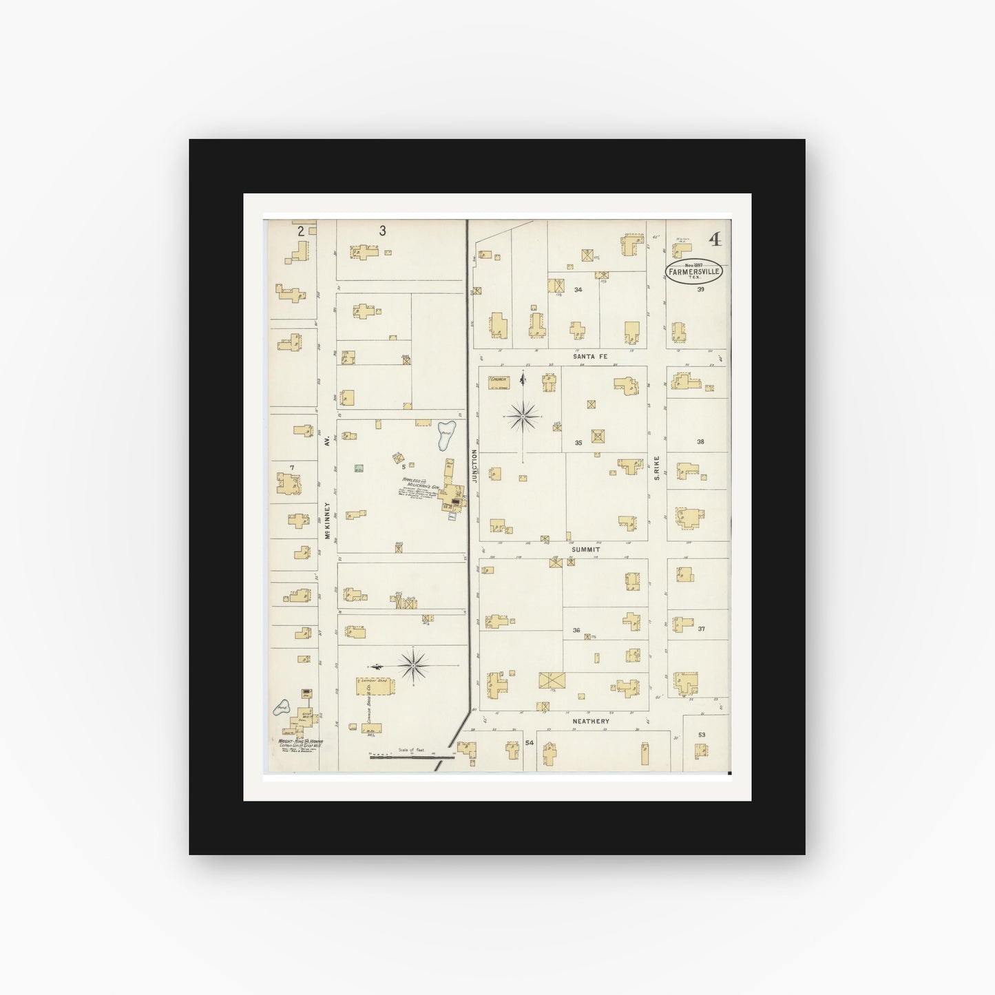Old map wall art mockup — black gallery frame with white mat — Sanborn Fire Insurance Map from Farmersville, Collin County, Texas (1897), Sheet #0004
