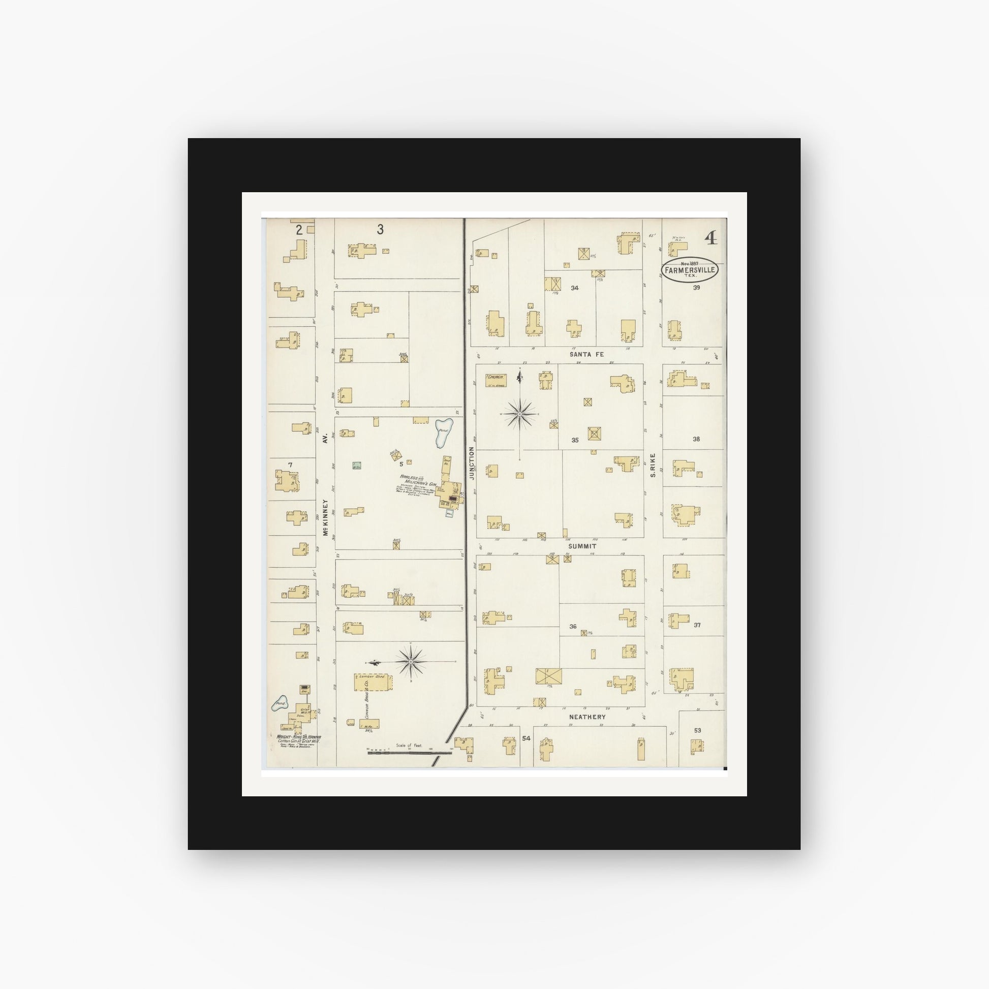 Old map wall art mockup — black gallery frame with white mat — Sanborn Fire Insurance Map from Farmersville, Collin County, Texas (1897), Sheet #0004