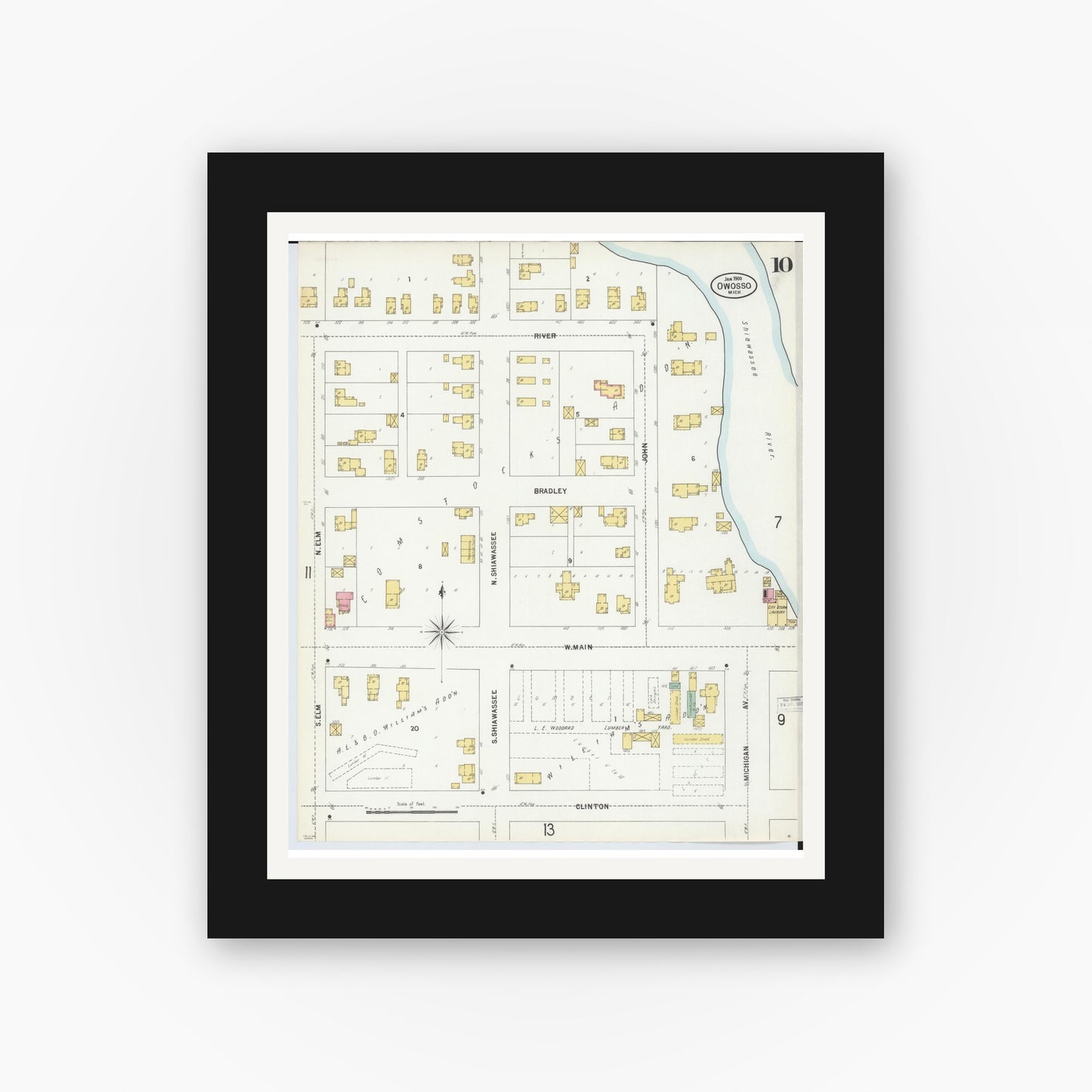 Old map wall art mockup — black gallery frame with white mat — Sanborn Fire Insurance Map from Owosso, Shiawassee County, Michigan (1900), Sheet #0010