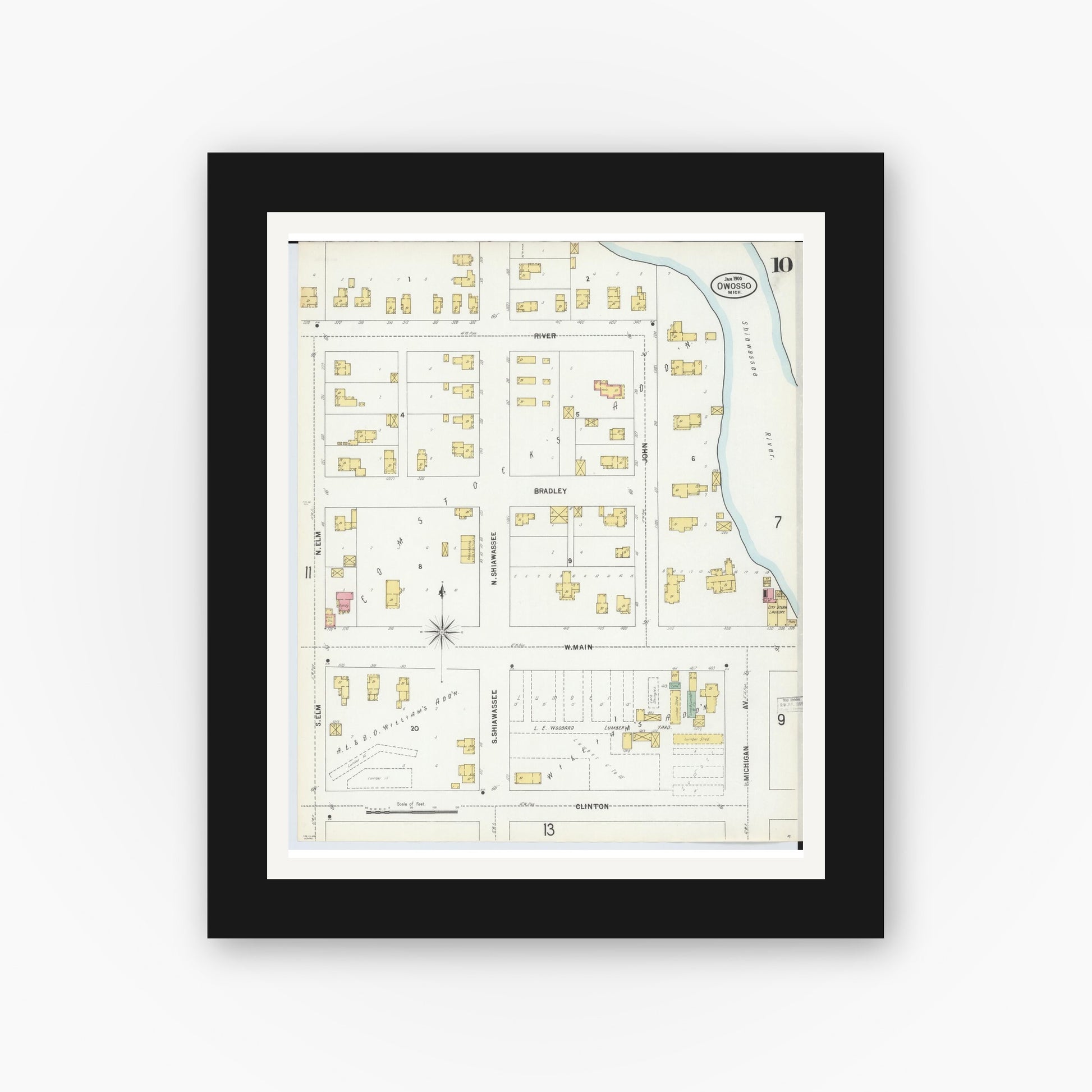 Old map wall art mockup — black gallery frame with white mat — Sanborn Fire Insurance Map from Owosso, Shiawassee County, Michigan (1900), Sheet #0010