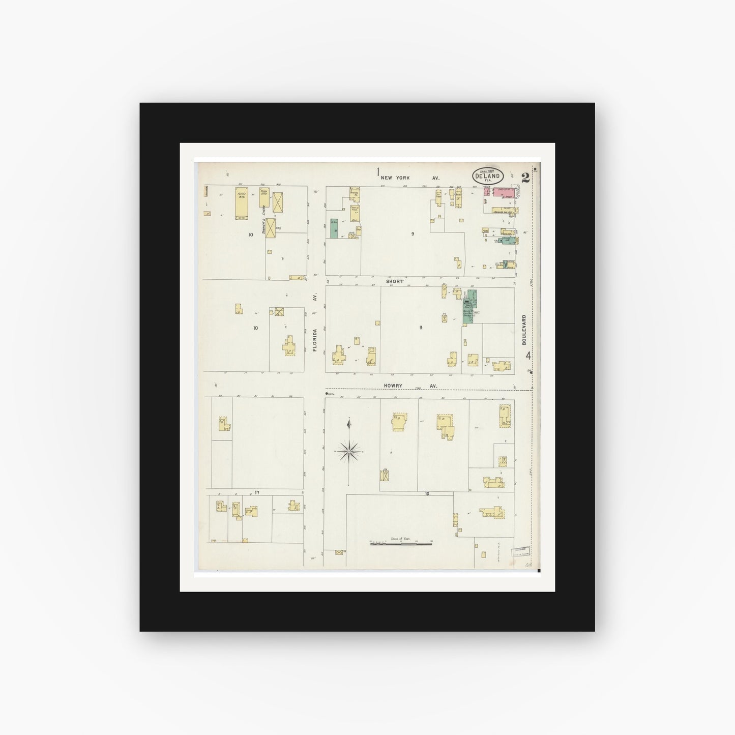 Old map wall art mockup — black gallery frame with white mat — Sanborn Fire Insurance Map from De Land, Volusia County, Florida (1897), Sheet #0002