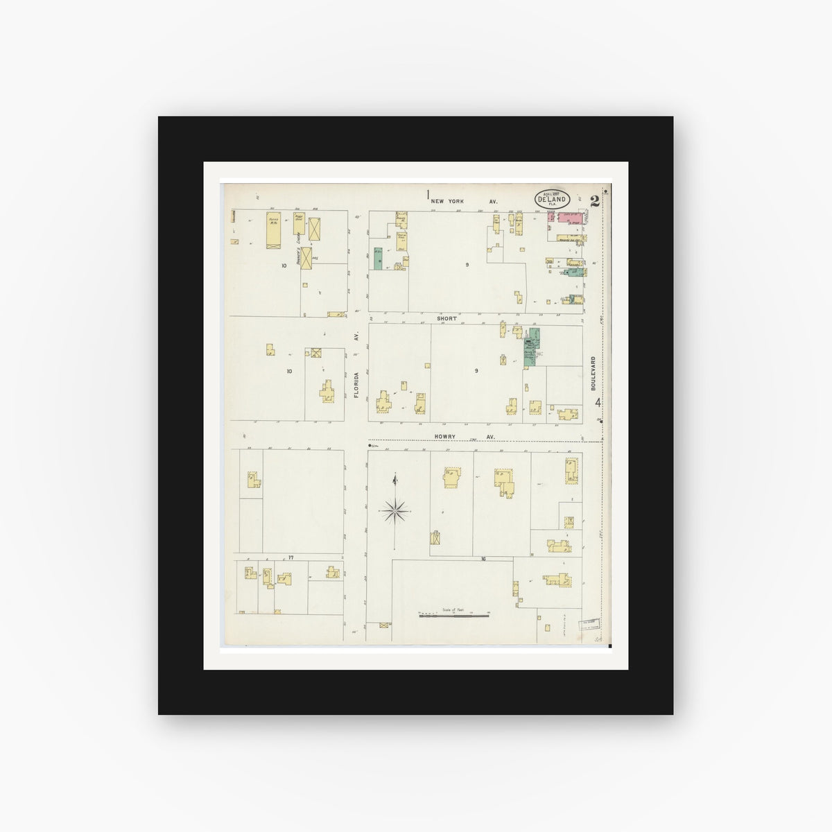 Old map wall art mockup — black gallery frame with white mat — Sanborn Fire Insurance Map from De Land, Volusia County, Florida (1897), Sheet #0002