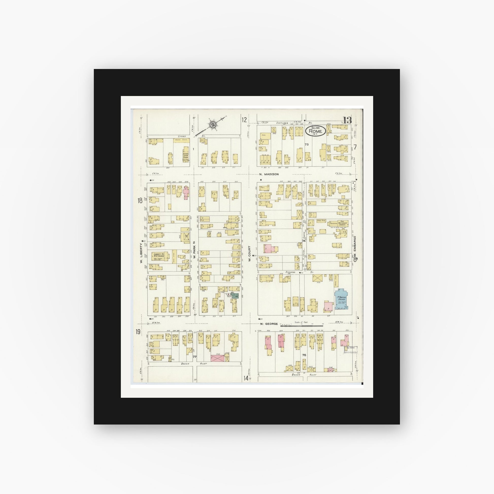 Old map wall art mockup — black gallery frame with white mat — Sanborn Fire Insurance Map from Rome, Oneida County, New York (1909), Sheet #0013
