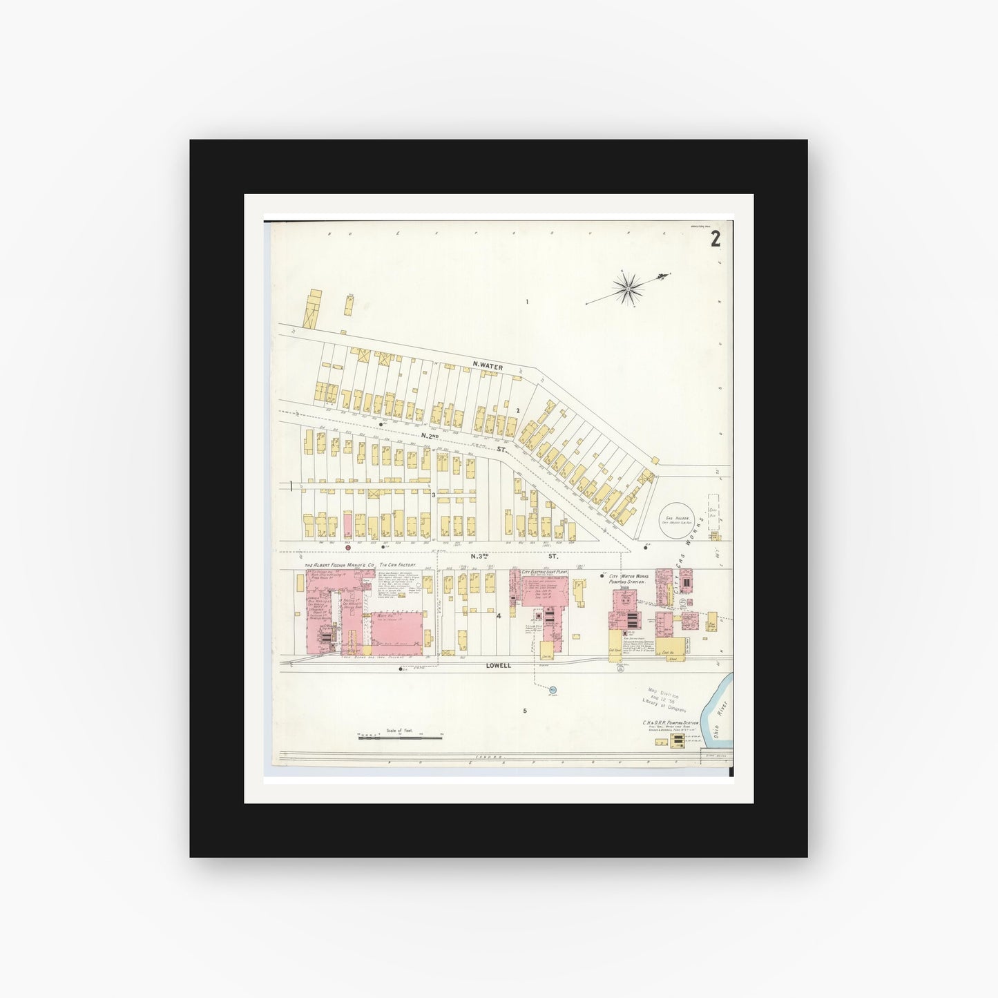 Old map wall art mockup — black gallery frame with white mat — Sanborn Fire Insurance Map from Hamilton, Butler County, Ohio (1899), Sheet #0002