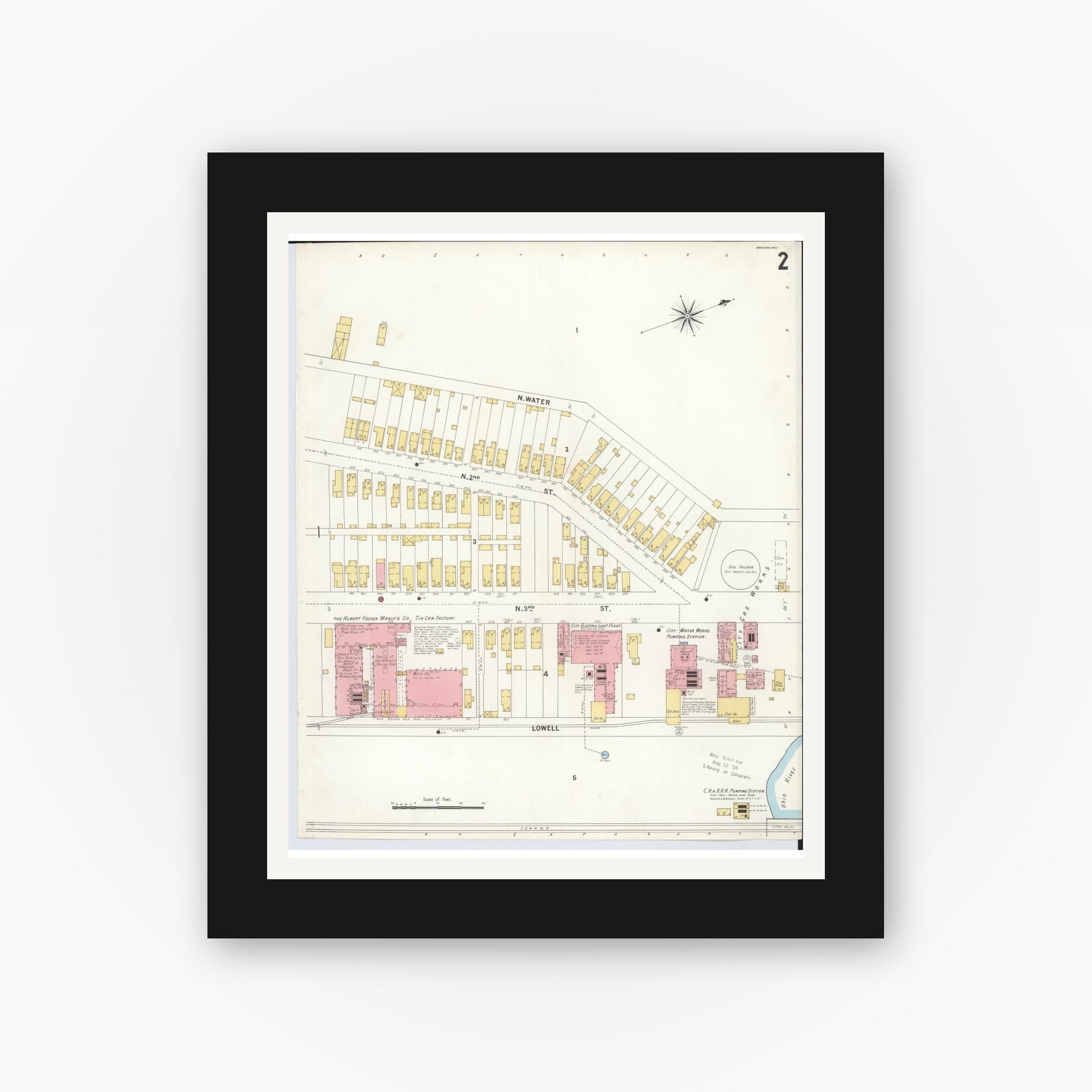 Old map wall art mockup — black gallery frame with white mat — Sanborn Fire Insurance Map from Hamilton, Butler County, Ohio (1899), Sheet #0002