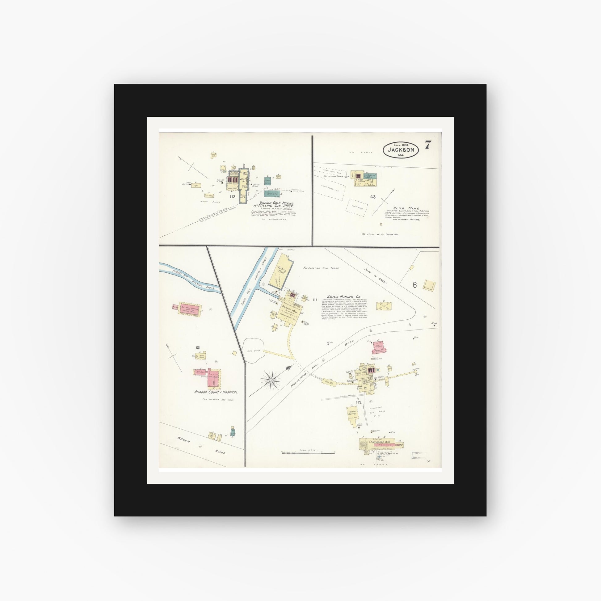 Old map wall art mockup — black gallery frame with white mat — Sanborn Fire Insurance Map from Jackson, Amador County, California (1898), Sheet #0007
