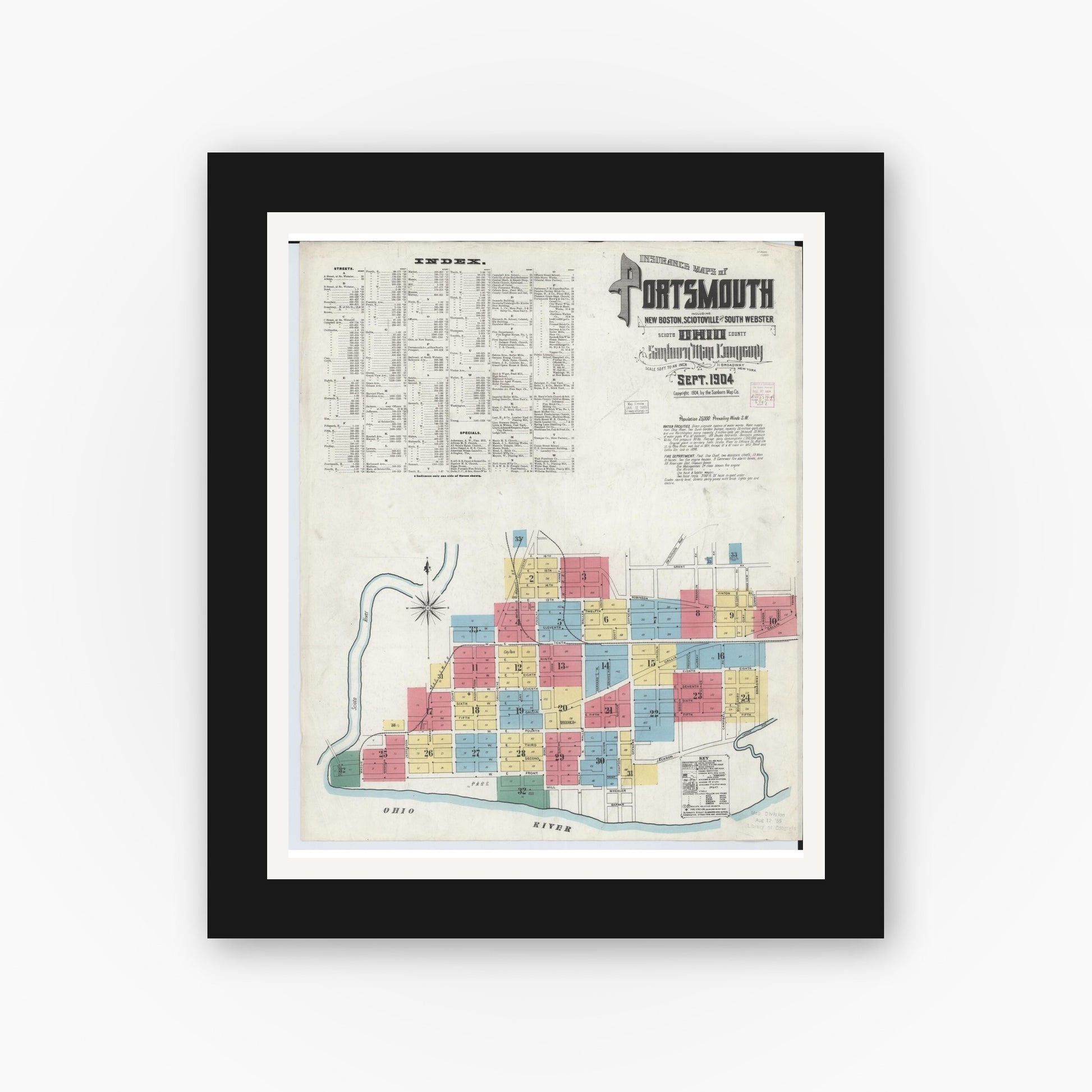 Old map wall art mockup — black gallery frame with white mat — Sanborn Fire Insurance Map from Portsmouth, Scioto County, Ohio (1904) - Complete Map Set