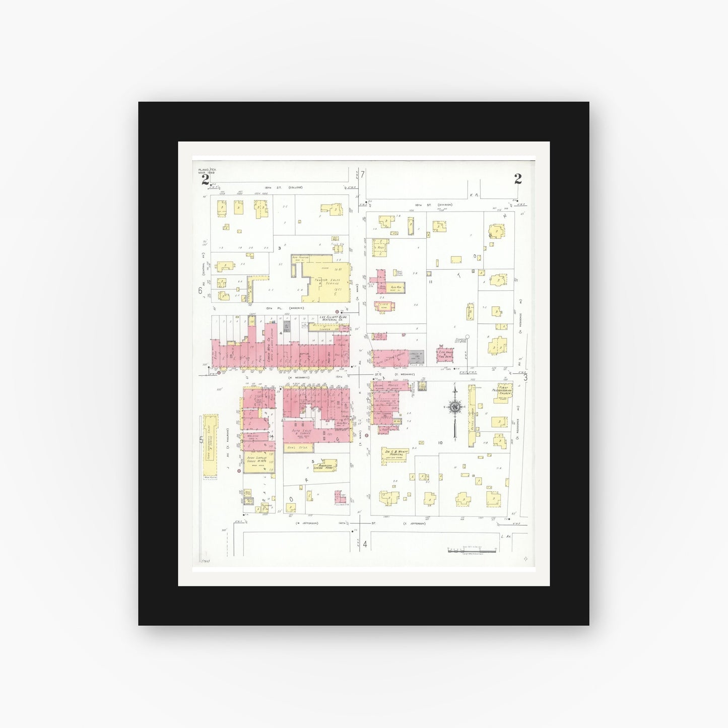 Old map wall art mockup — black gallery frame with white mat — Sanborn Fire Insurance Map from Plano, Collin County, Texas (1949), Sheet #0002