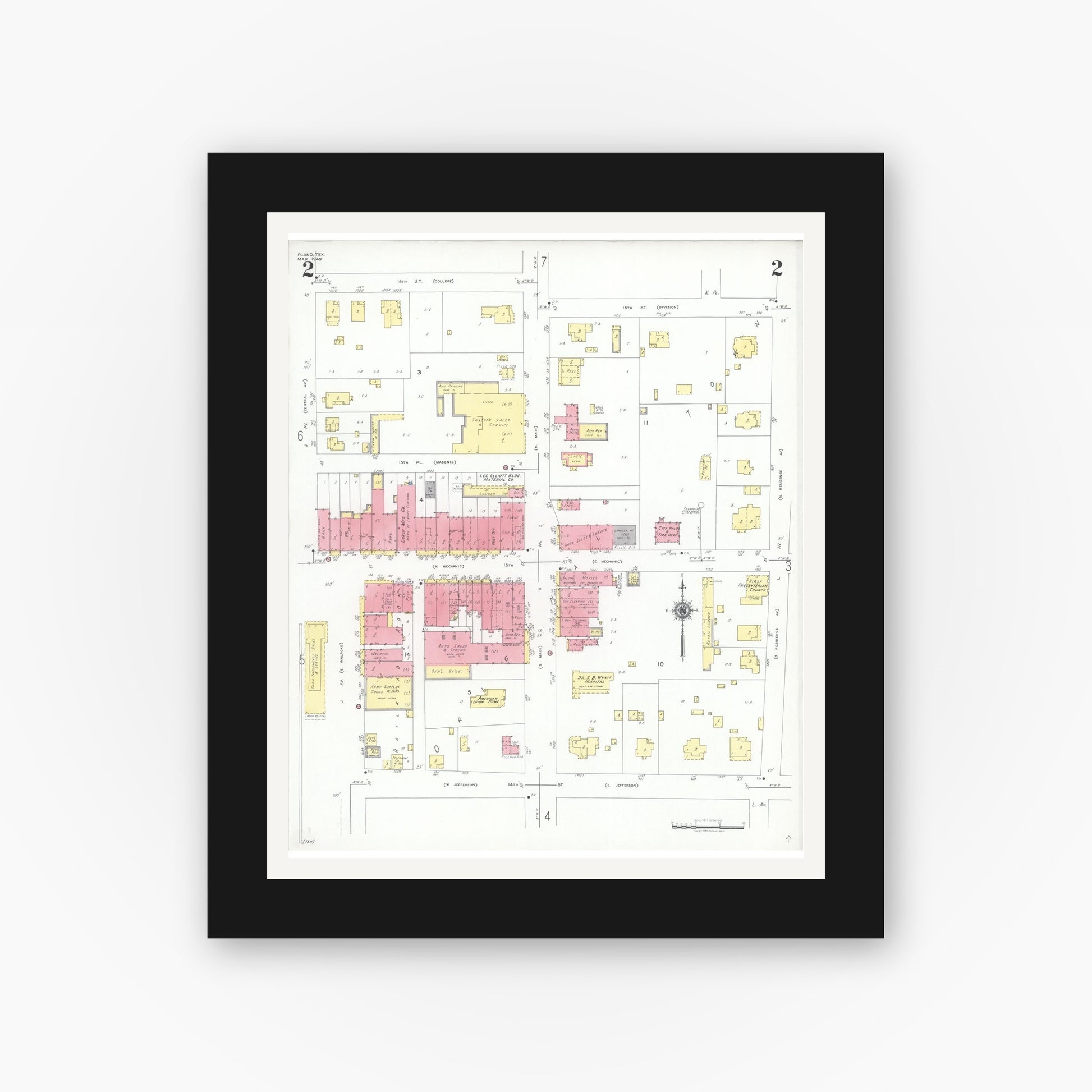 Old map wall art mockup — black gallery frame with white mat — Sanborn Fire Insurance Map from Plano, Collin County, Texas (1949), Sheet #0002