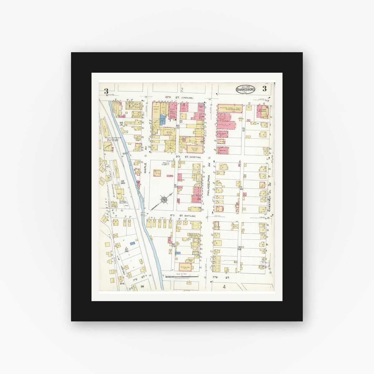 Old map wall art mockup — black gallery frame with white mat — Sanborn Fire Insurance Map from Barnesboro, Cambria County, Pennsylvania (1923), Sheet #0003
