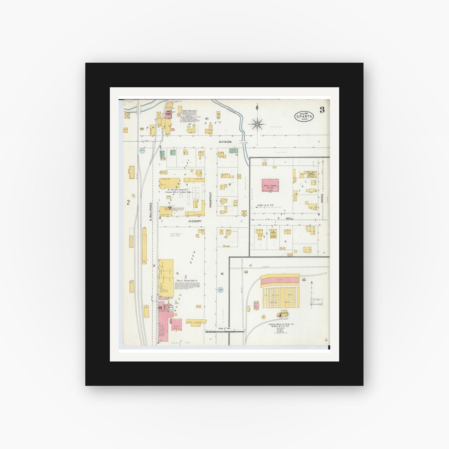 Old map wall art mockup — black gallery frame with white mat — Sanborn Fire Insurance Map from Sparta, Kent County, Michigan (1904), Sheet #0003