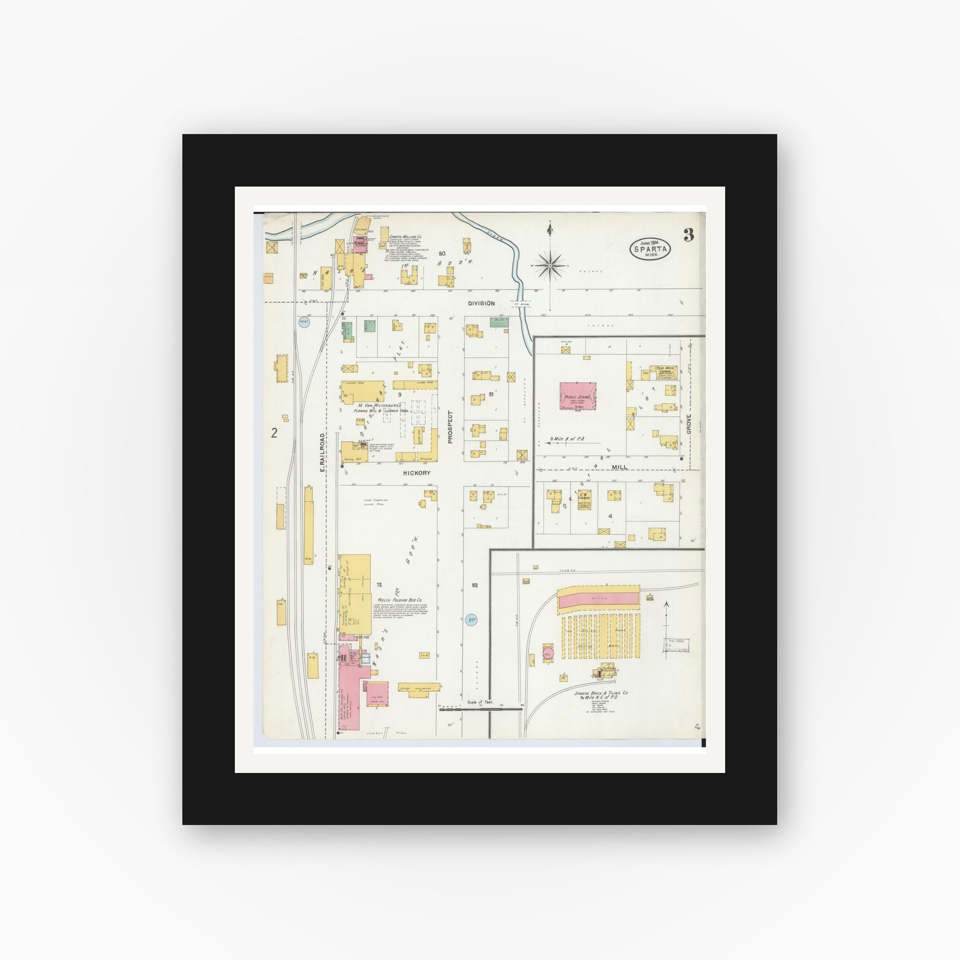 Old map wall art mockup — black gallery frame with white mat — Sanborn Fire Insurance Map from Sparta, Kent County, Michigan (1904), Sheet #0003