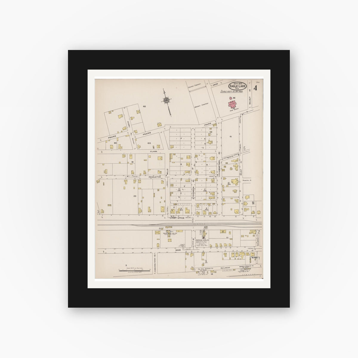 Old map wall art mockup — black gallery frame with white mat — Sanborn Fire Insurance Map from Eagle Lake, Colorado County, Texas (1922), Sheet #0004
