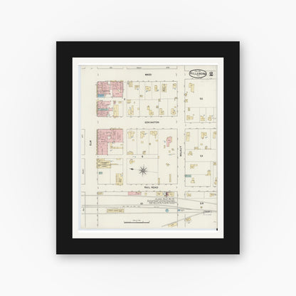 Old map wall art mockup — black gallery frame with white mat — Sanborn Fire Insurance Map from Hillsboro, Hill County, Texas (1891), Sheet #0002