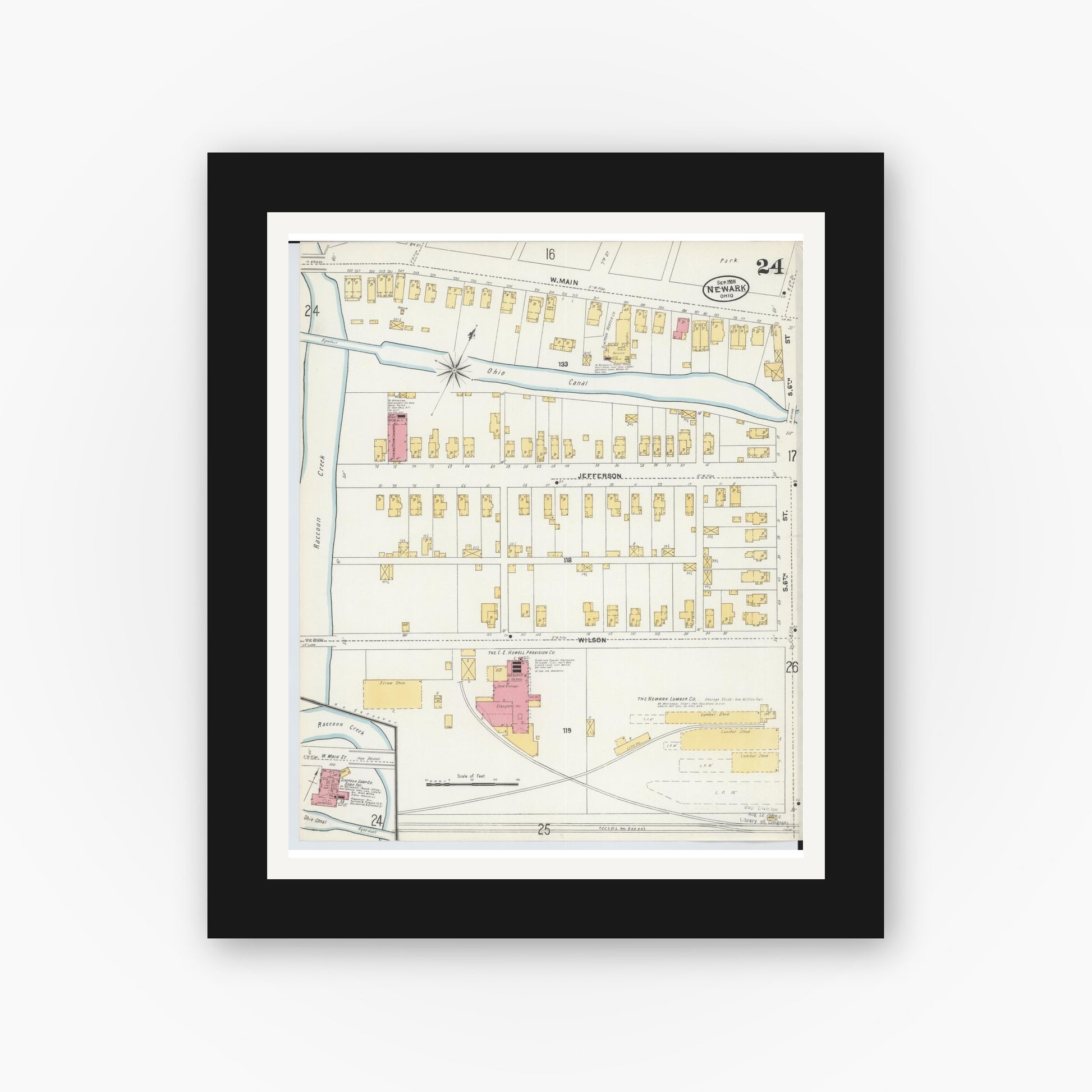Old map wall art mockup — black gallery frame with white mat — Sanborn Fire Insurance Map from Newark, Licking County, Ohio (1905), Sheet #0024
