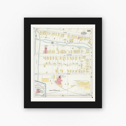 Old map wall art mockup — black gallery frame with white mat — Sanborn Fire Insurance Map from Newark, Licking County, Ohio (1905), Sheet #0024