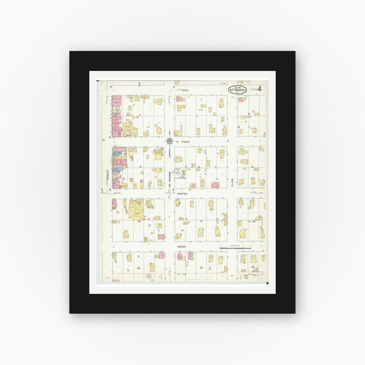 Old map wall art mockup — black gallery frame with white mat — Sanborn Fire Insurance Map from Mount Morris, Ogle County, Illinois (1912), Sheet #0004