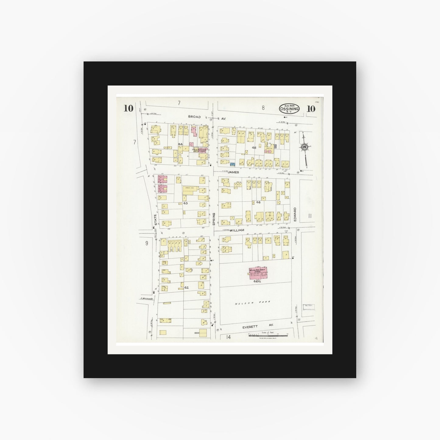 Old map wall art mockup — black gallery frame with white mat — Sanborn Fire Insurance Map from Ossining, Westchester County, New York (1924), Sheet #0010