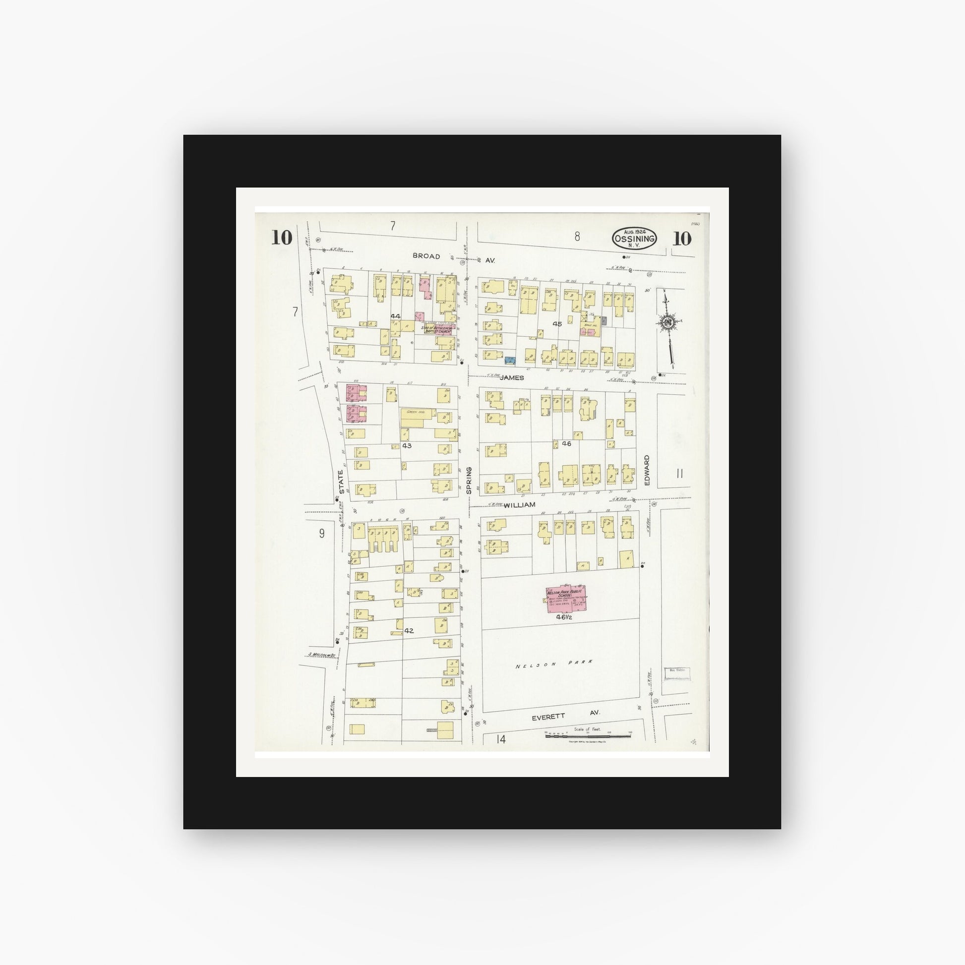Old map wall art mockup — black gallery frame with white mat — Sanborn Fire Insurance Map from Ossining, Westchester County, New York (1924), Sheet #0010