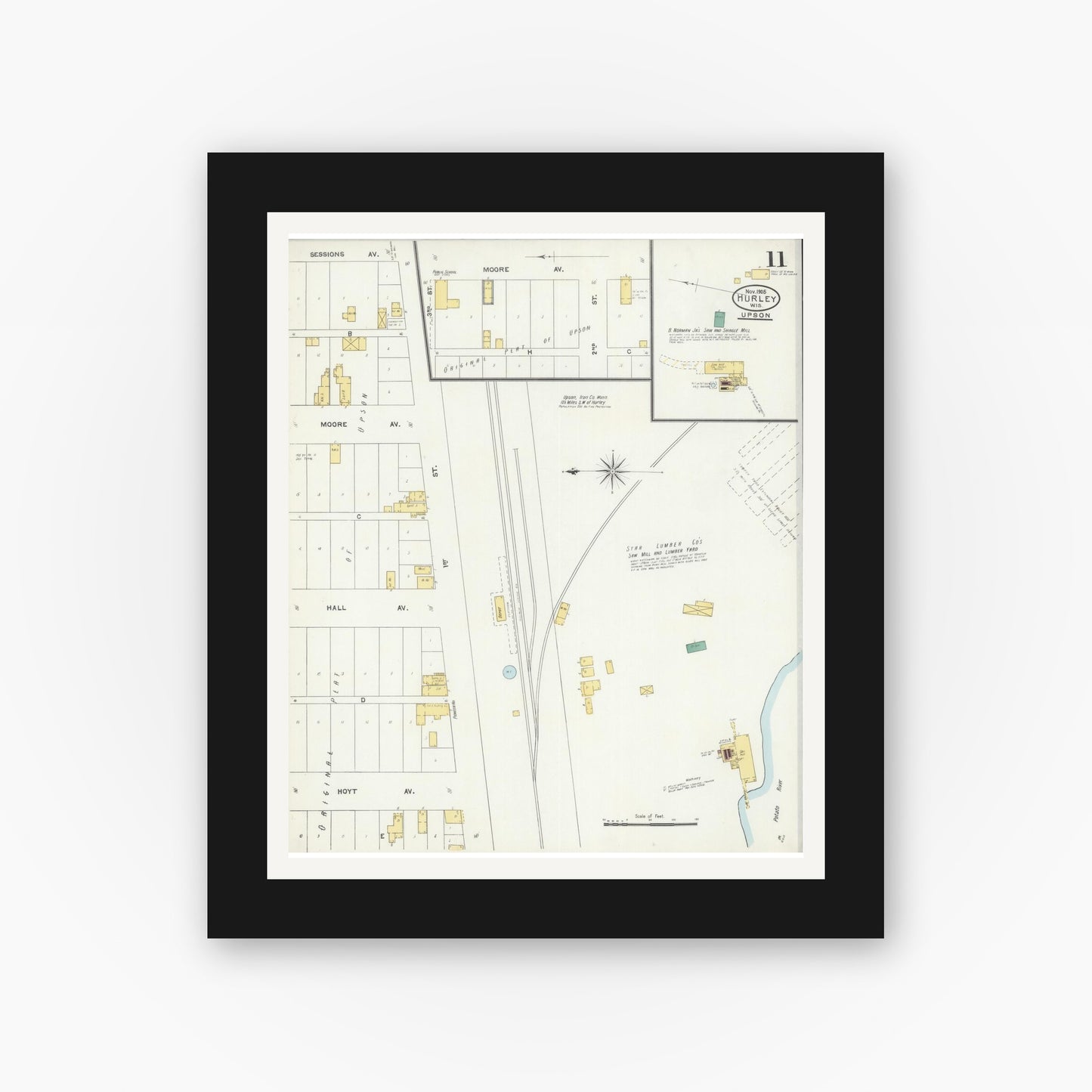 Old map wall art mockup — black gallery frame with white mat — Sanborn Fire Insurance Map from Hurley, Iron County, Wisconsin (1905), Sheet #0011