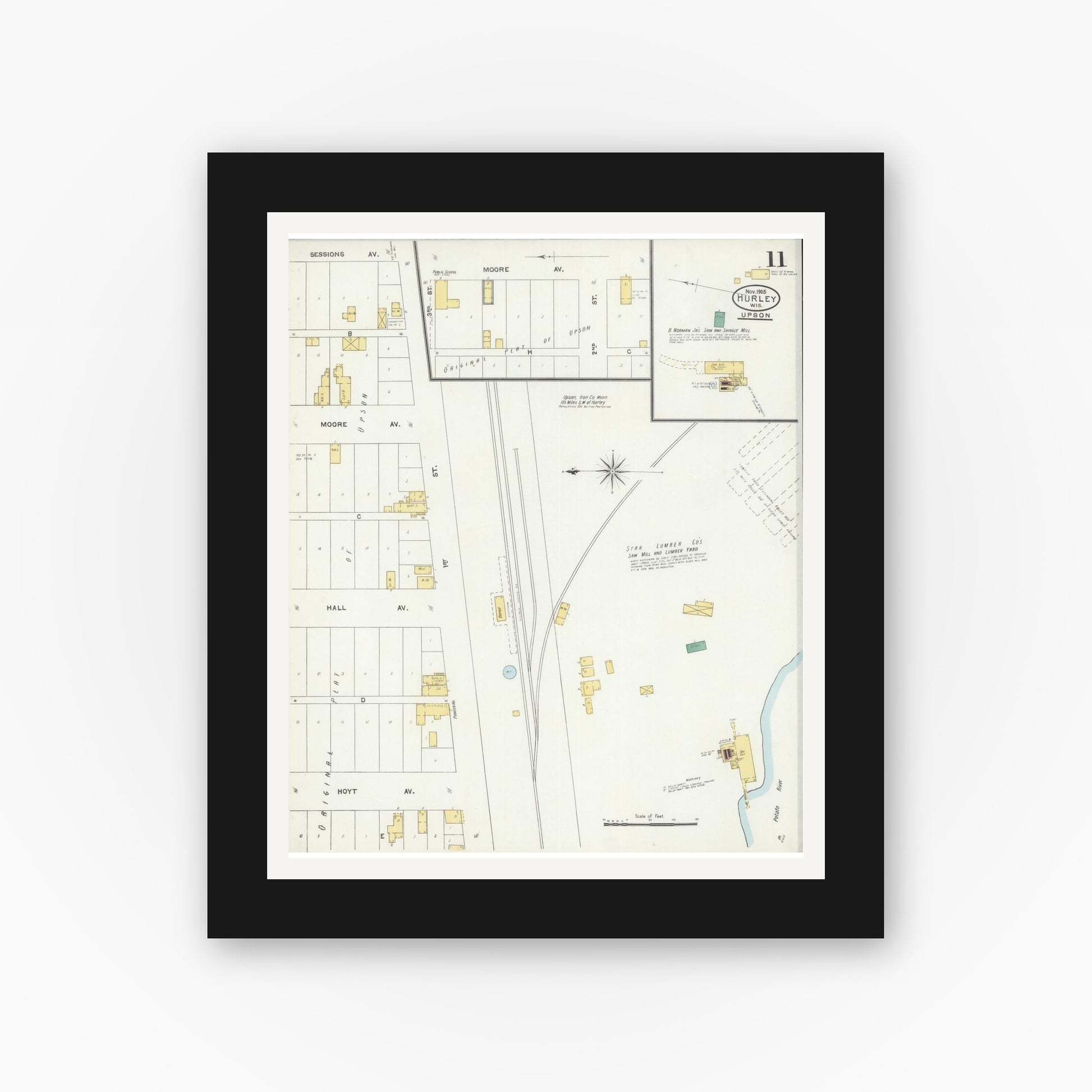 Old map wall art mockup — black gallery frame with white mat — Sanborn Fire Insurance Map from Hurley, Iron County, Wisconsin (1905), Sheet #0011