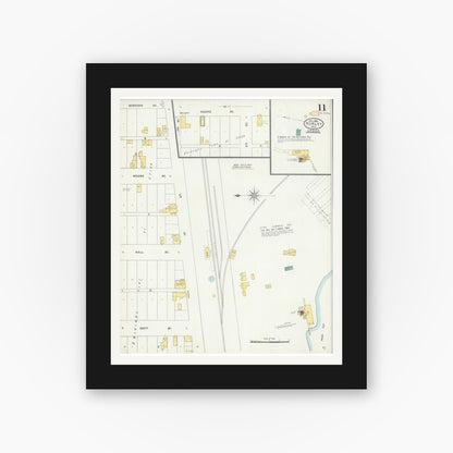 Old map wall art mockup — black gallery frame with white mat — Sanborn Fire Insurance Map from Hurley, Iron County, Wisconsin (1905), Sheet #0011