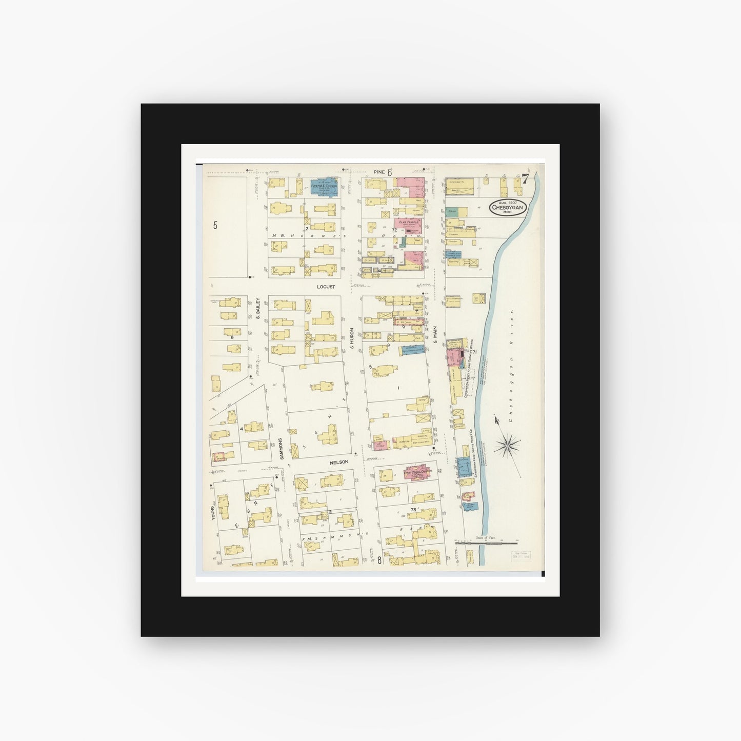 Old map wall art mockup — black gallery frame with white mat — Sanborn Fire Insurance Map from Cheboygan, Cheboygan County, Michigan (1907), Sheet #0007