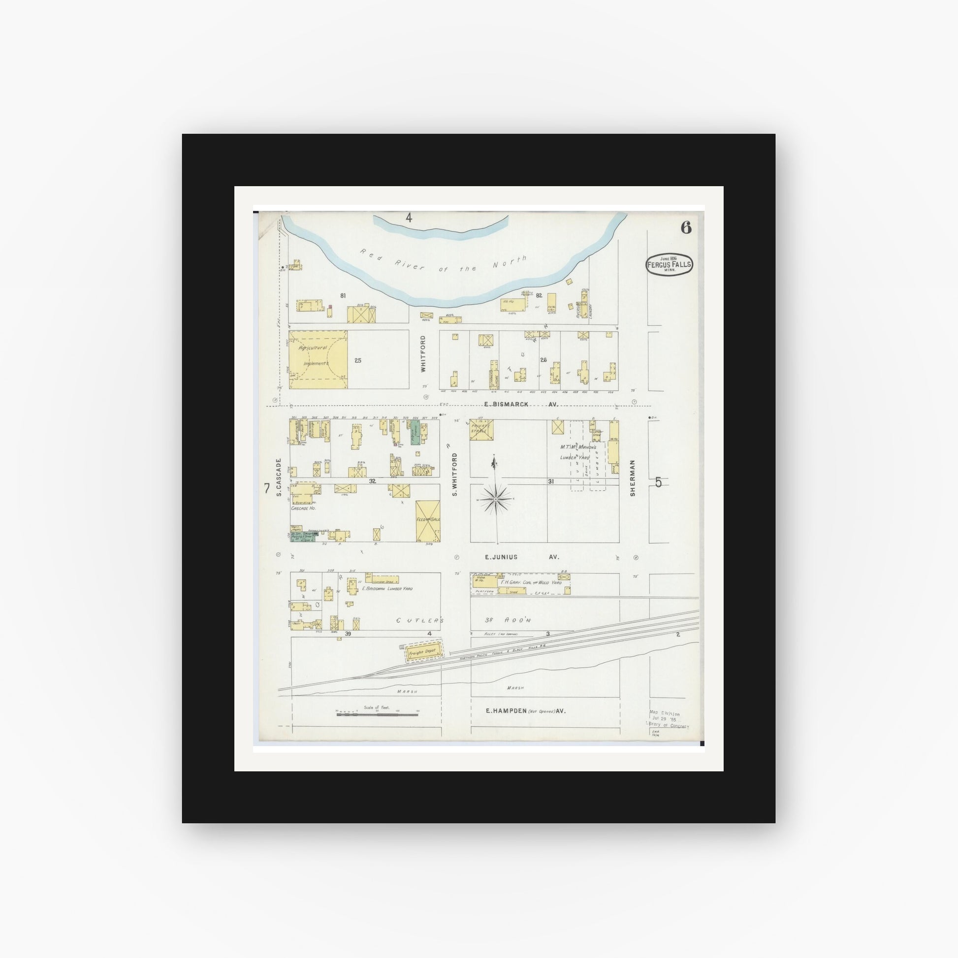 Old map wall art mockup — black gallery frame with white mat — Sanborn Fire Insurance Map from Fergus Falls, Otter Tail County, Minnesota (1896), Sheet #0006