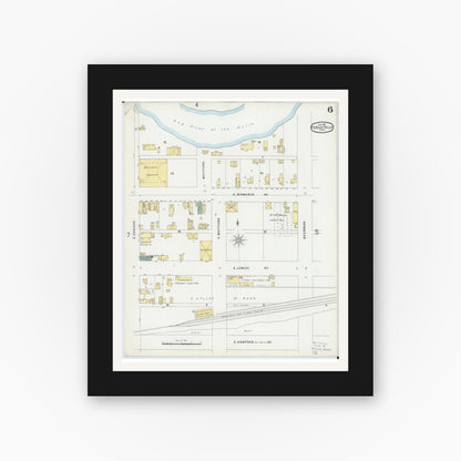 Old map wall art mockup — black gallery frame with white mat — Sanborn Fire Insurance Map from Fergus Falls, Otter Tail County, Minnesota (1896), Sheet #0006
