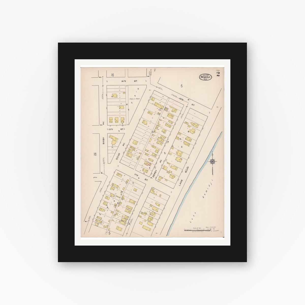 Old map wall art mockup — black gallery frame with white mat — Sanborn Fire Insurance Map from Bemidji, Beltrami County, Minnesota (1922), Sheet #0002