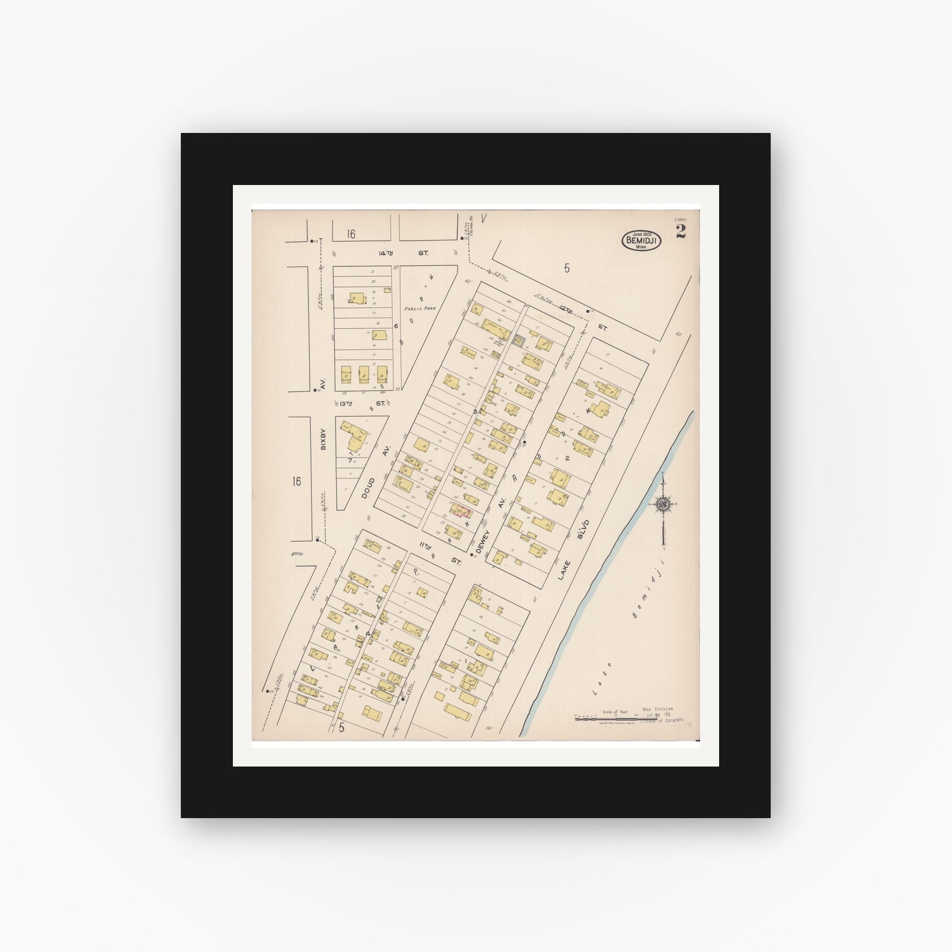 Old map wall art mockup — black gallery frame with white mat — Sanborn Fire Insurance Map from Bemidji, Beltrami County, Minnesota (1922), Sheet #0002