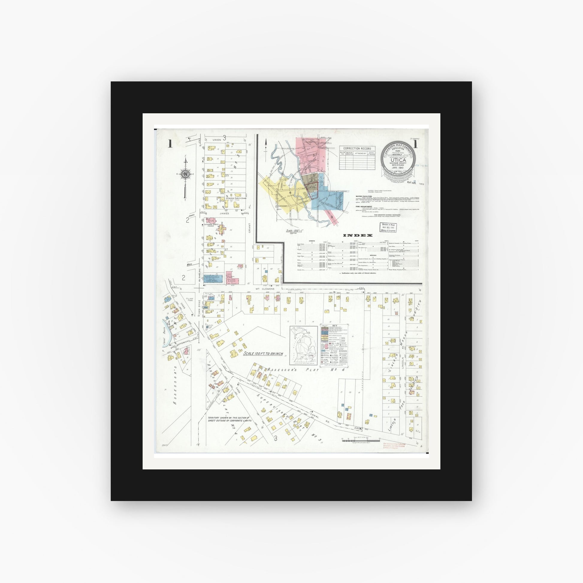 Old map wall art mockup — black gallery frame with white mat — Sanborn Fire Insurance Map from Utica, Macomb County, Michigan (1941), Sheet #0001