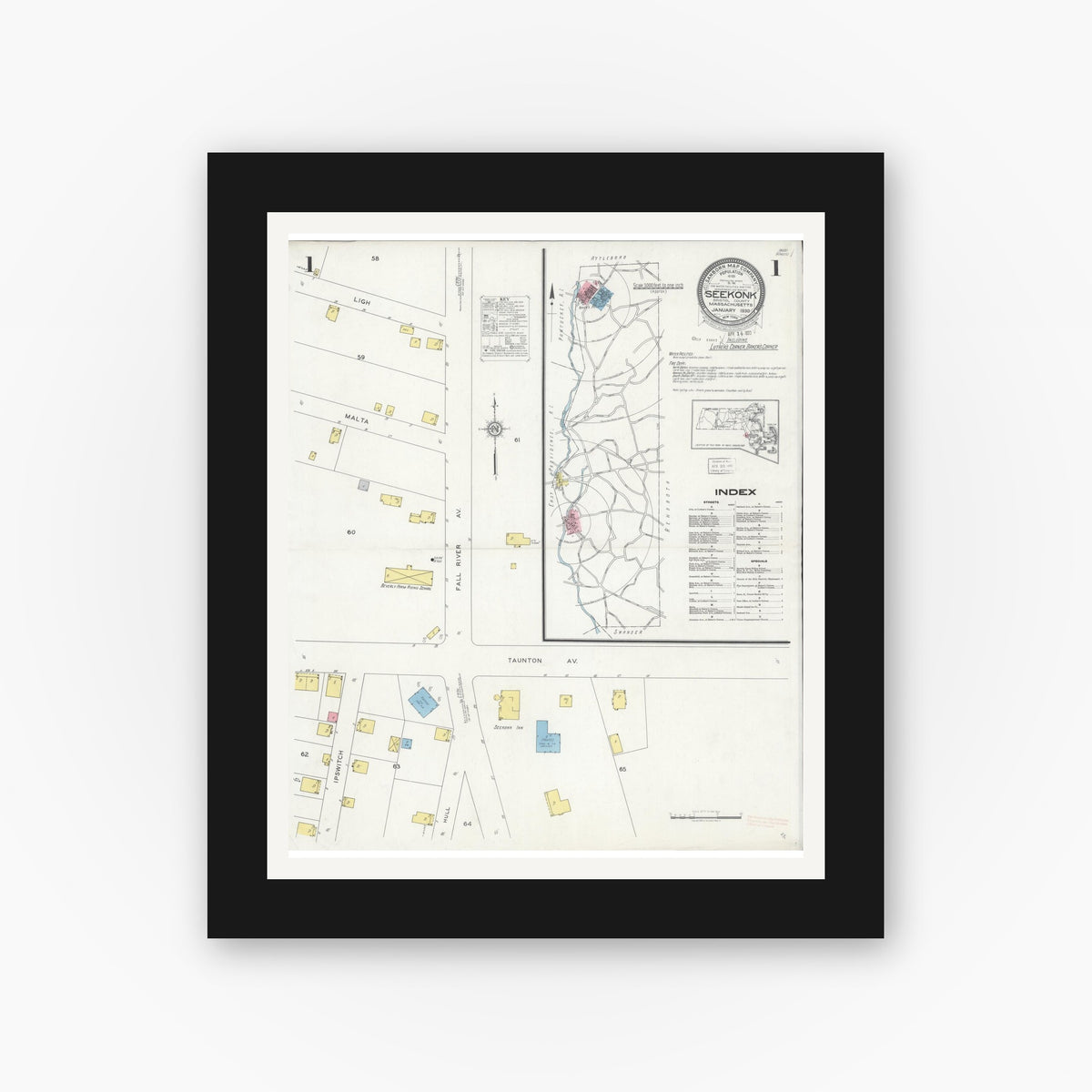 Old map wall art mockup — black gallery frame with white mat — Sanborn Fire Insurance Map from Seekonk, Bristol County, Massachusetts (1930), Sheet #0001