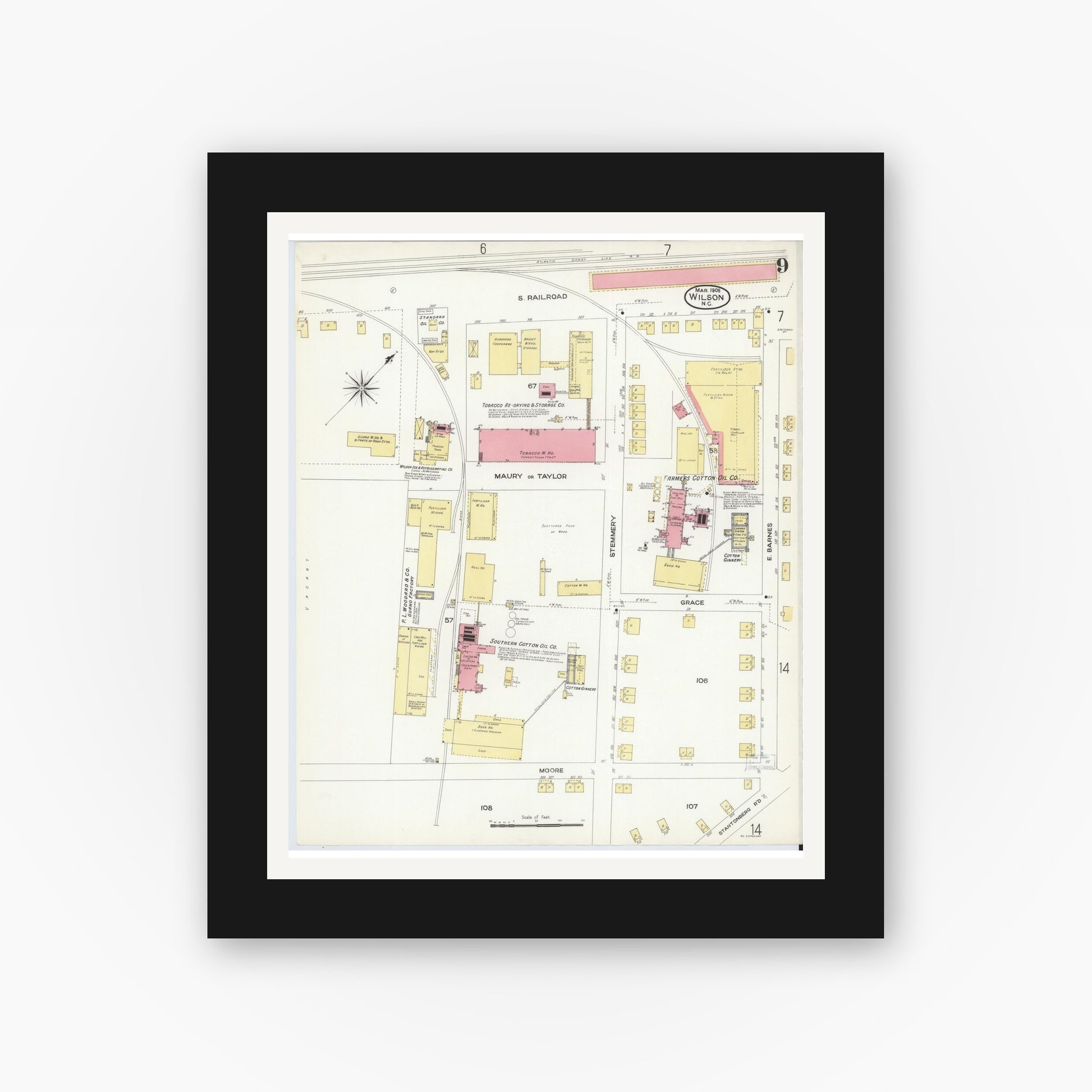 Old map wall art mockup — black gallery frame with white mat — Sanborn Fire Insurance Map from Wilson, Wilson County, North Carolina (1908), Sheet #0009