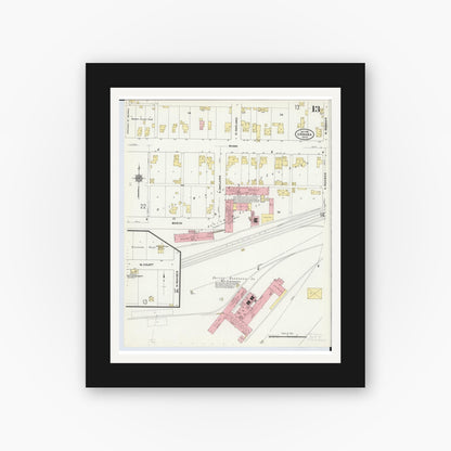 Old map wall art mockup — black gallery frame with white mat — Sanborn Fire Insurance Map from Urbana, Champaign County, Ohio (1910), Sheet #0013