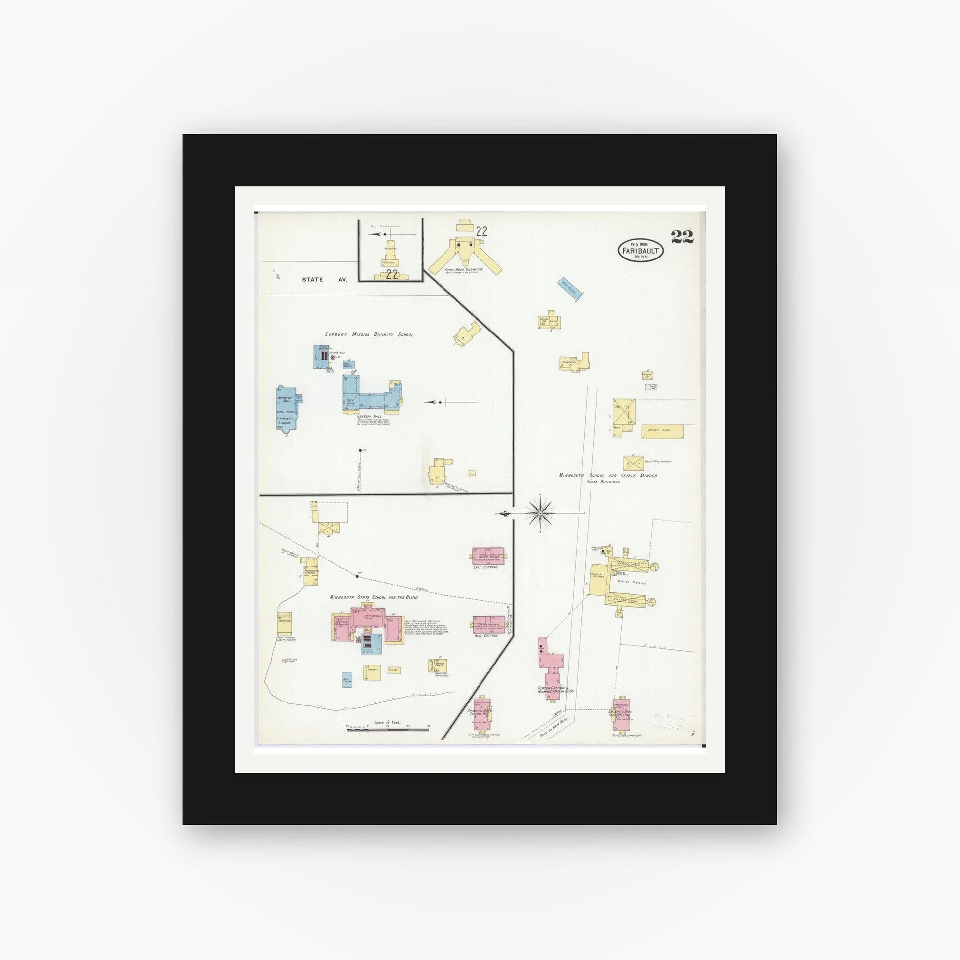 Old map wall art mockup — black gallery frame with white mat — Sanborn Fire Insurance Map from Faribault, Rice County, Minnesota (1909), Sheet #0022