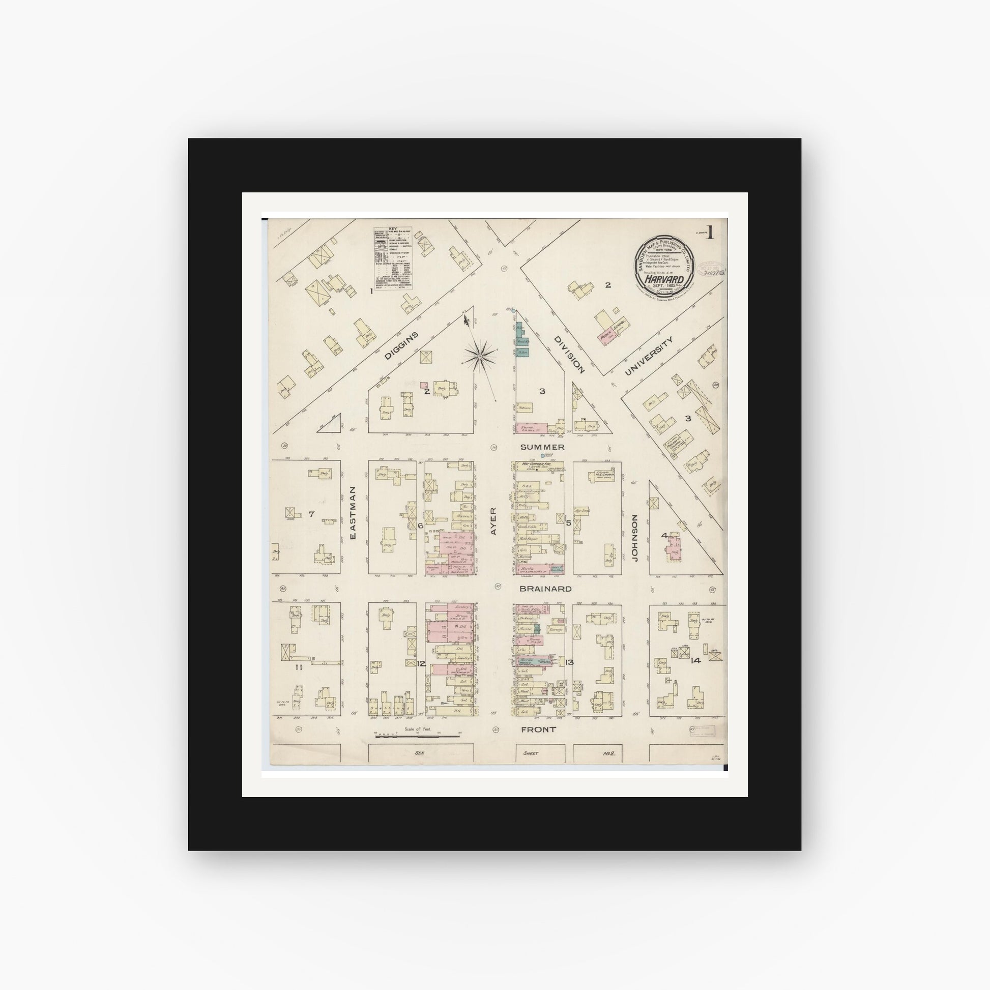 Old map wall art mockup — black gallery frame with white mat — Sanborn Fire Insurance Map from Harvard, McHenry County, Illinois (1885), Sheet #0001