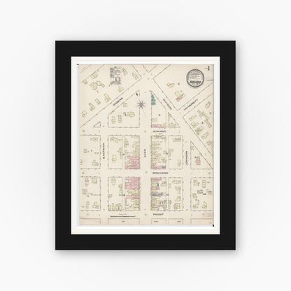 Old map wall art mockup — black gallery frame with white mat — Sanborn Fire Insurance Map from Harvard, McHenry County, Illinois (1885), Sheet #0001