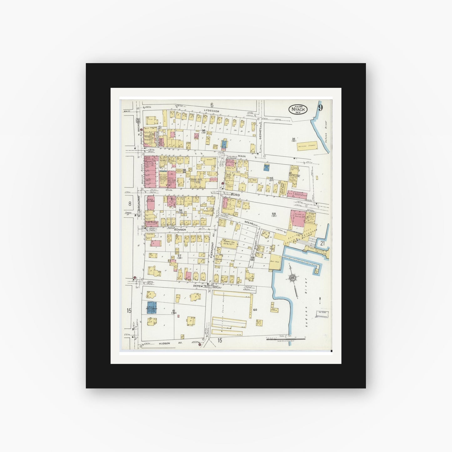Old map wall art mockup — black gallery frame with white mat — Sanborn Fire Insurance Map from Nyack, Rockland County, New York. (1919), Sheet #0009