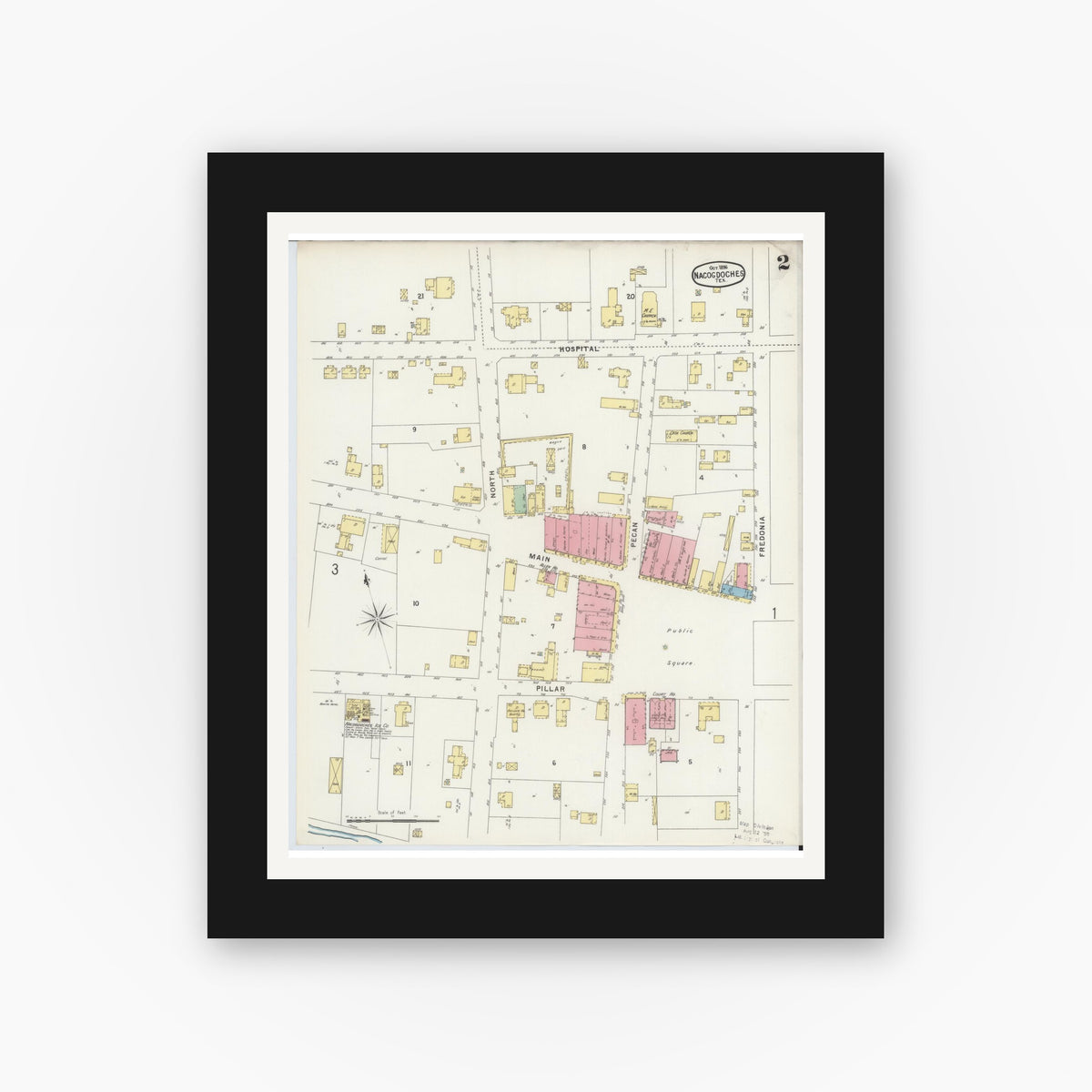 Old map wall art mockup — black gallery frame with white mat — Sanborn Fire Insurance Map from Nacogdoches, Nacogdoches County, Texas (1896), Sheet #0002